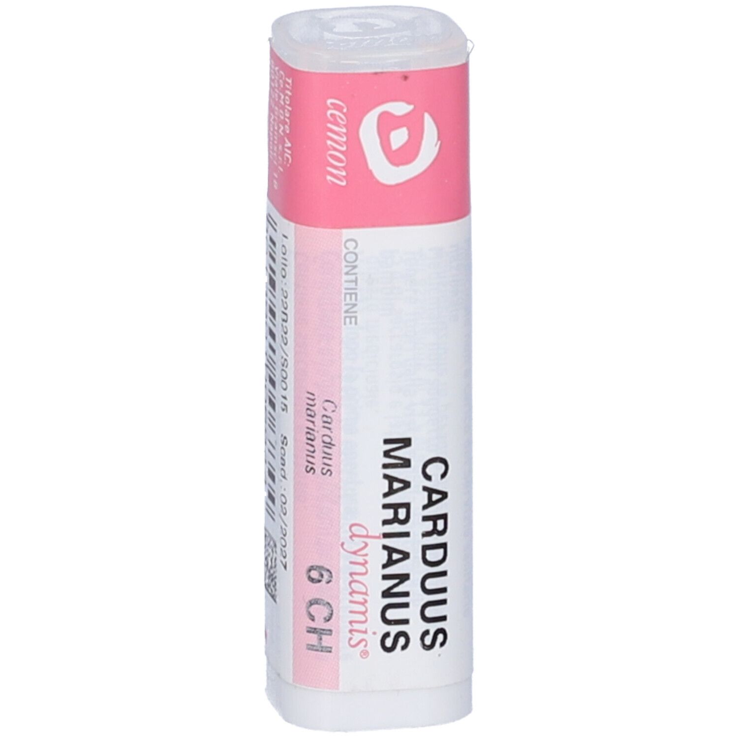 Confezione cilindrica con etichetta rosa e bianca. Scritta: Carduus Marianus 6 CH.