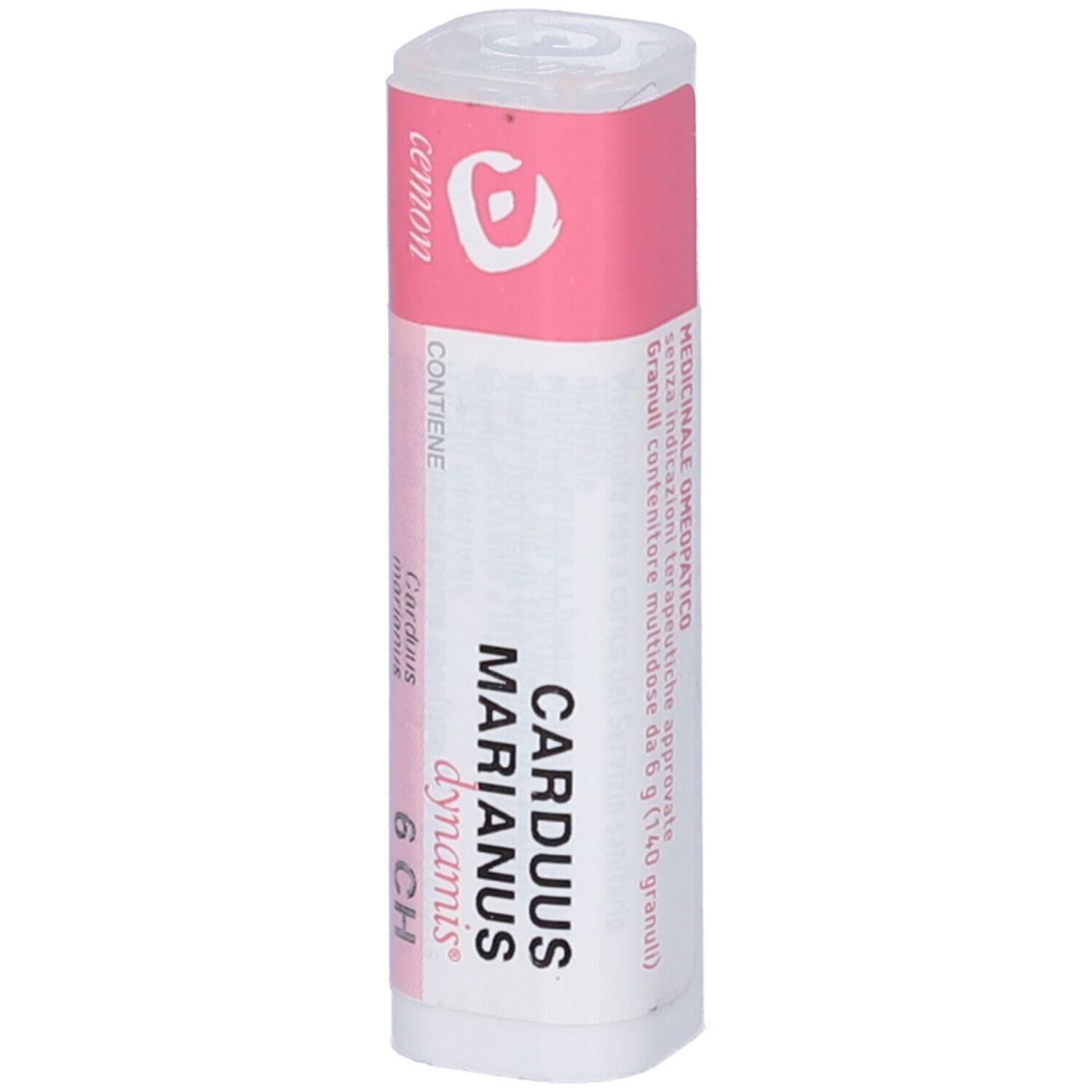 Confezione cilindrica con etichetta rosa e bianca. Scritta: Carduus Marianus 6 CH.