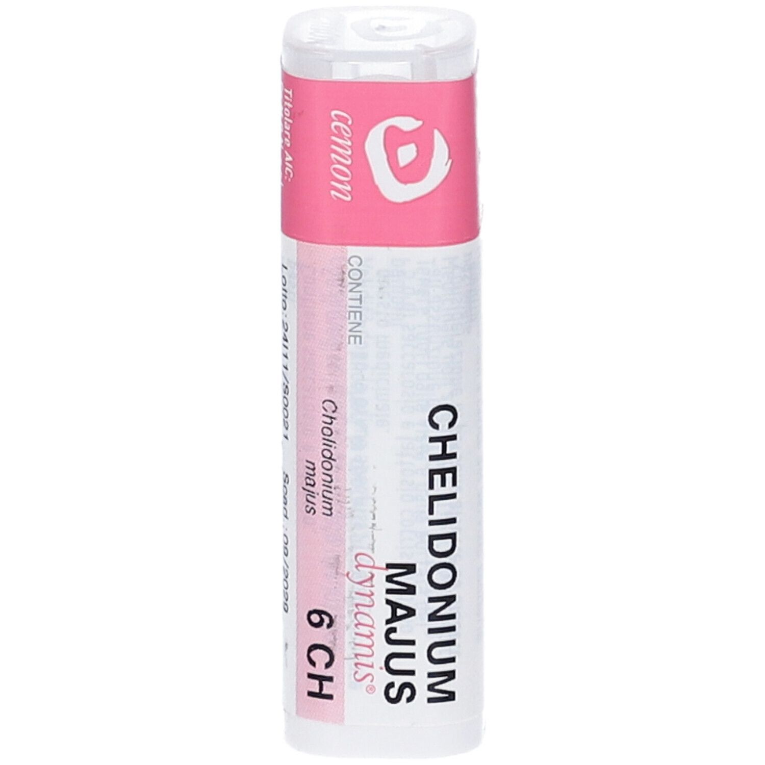 Flacone cilindrico bianco con etichetta rosa. Scritta: Cemon, Chelidonium Majus 6 CH. Contiene granuli.