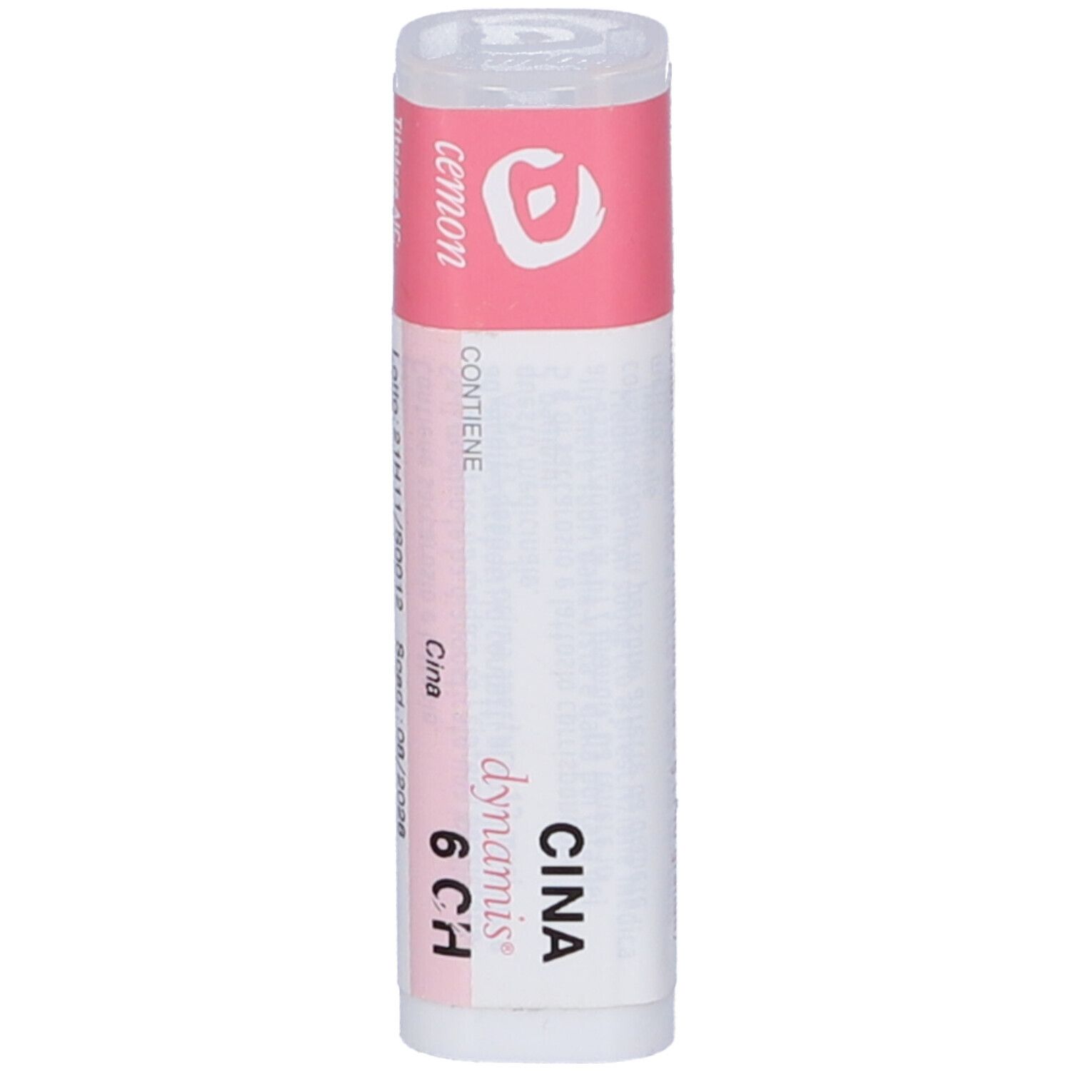 Confezione cilindrica bianca con etichetta rosa. Scritte: CINA 6 CH, dynamis. Nome del prodotto non visibile.