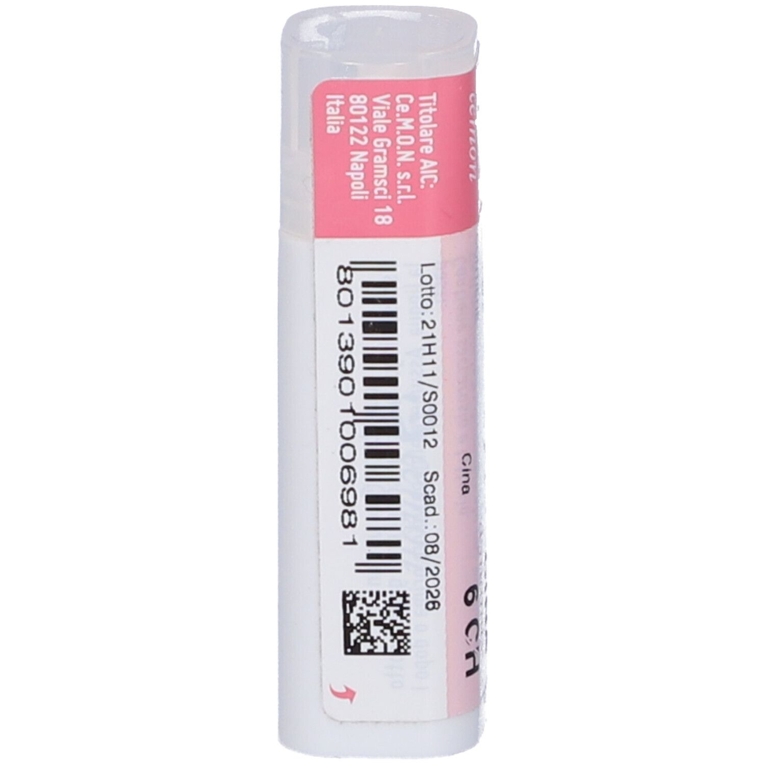 Confezione cilindrica bianca con etichetta rosa. Scritte: CINA 6 CH, dynamis. Codice a barre e data di scadenza.