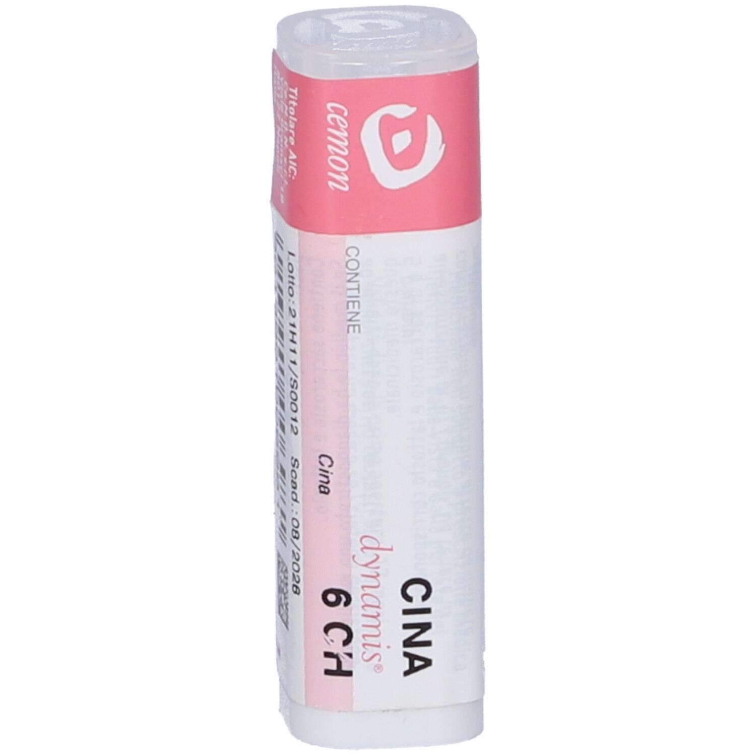 Confezione cilindrica bianca con etichetta rosa. Scritte: CINA 6 CH, dynamis. Nome del prodotto non visibile.