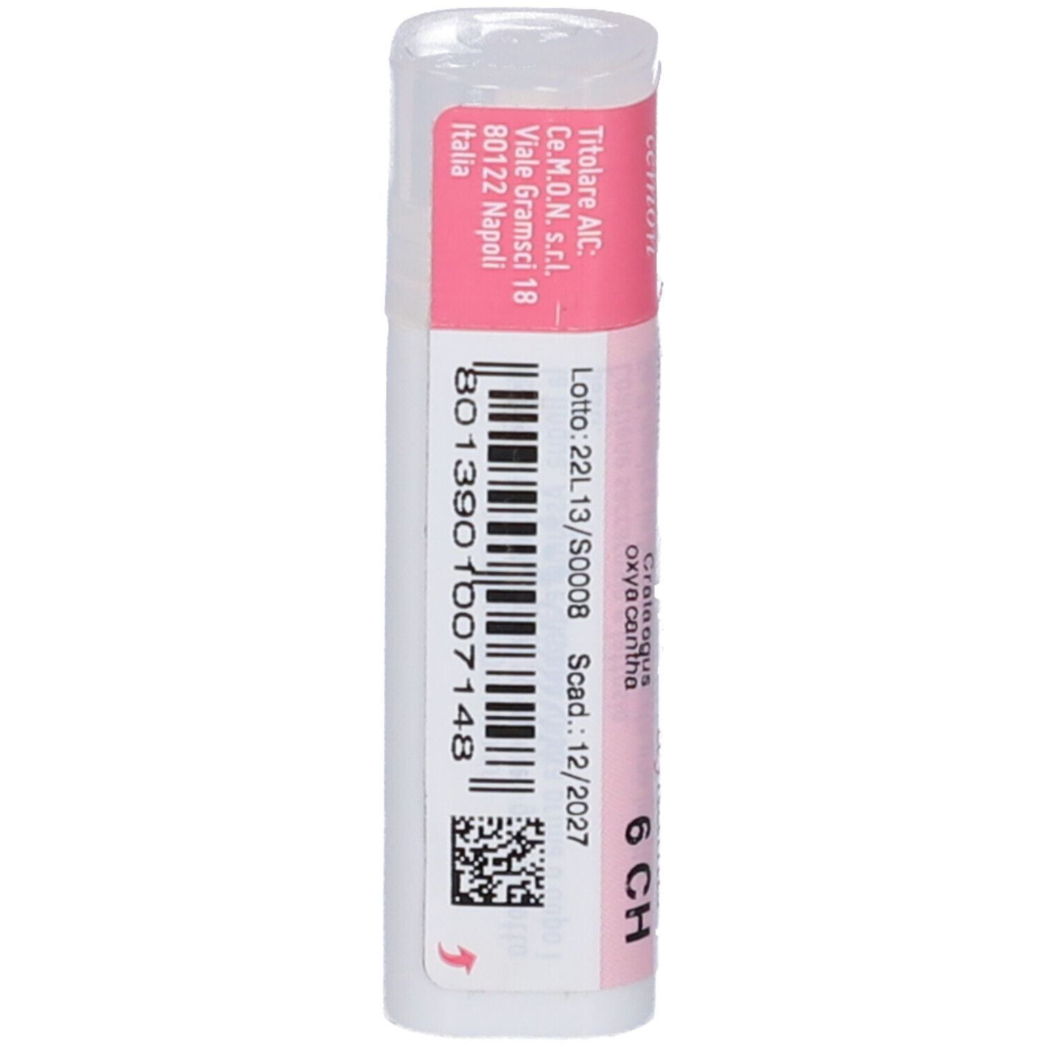 Flacone cilindrico con etichetta rosa. L'etichetta riporta "Crataegus Oxyacantha 6 CH dynamis".