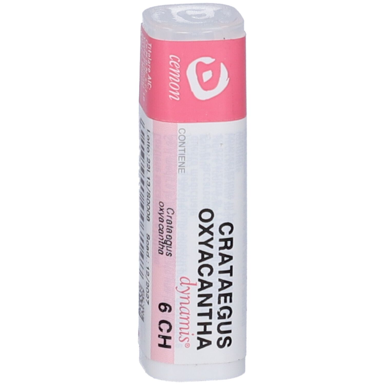 Flacone cilindrico con etichetta rosa. L'etichetta riporta "Crataegus Oxyacantha 6 CH dynamis".