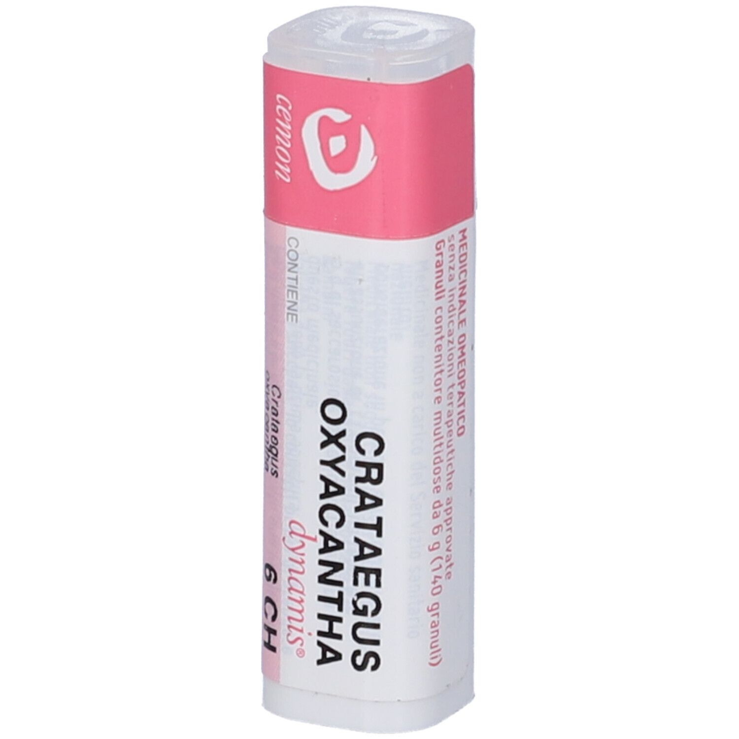 Flacone cilindrico con etichetta rosa. L'etichetta riporta "Crataegus Oxyacantha 6 CH dynamis".
