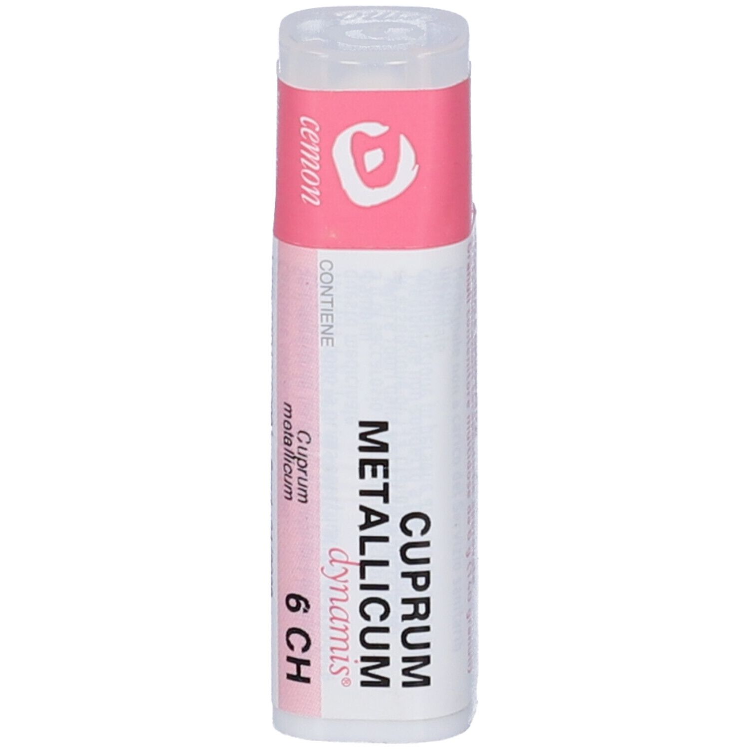 Flacone bianco con etichetta rosa. Scritta: "Cuprum metallicum dynamis 6 CH".