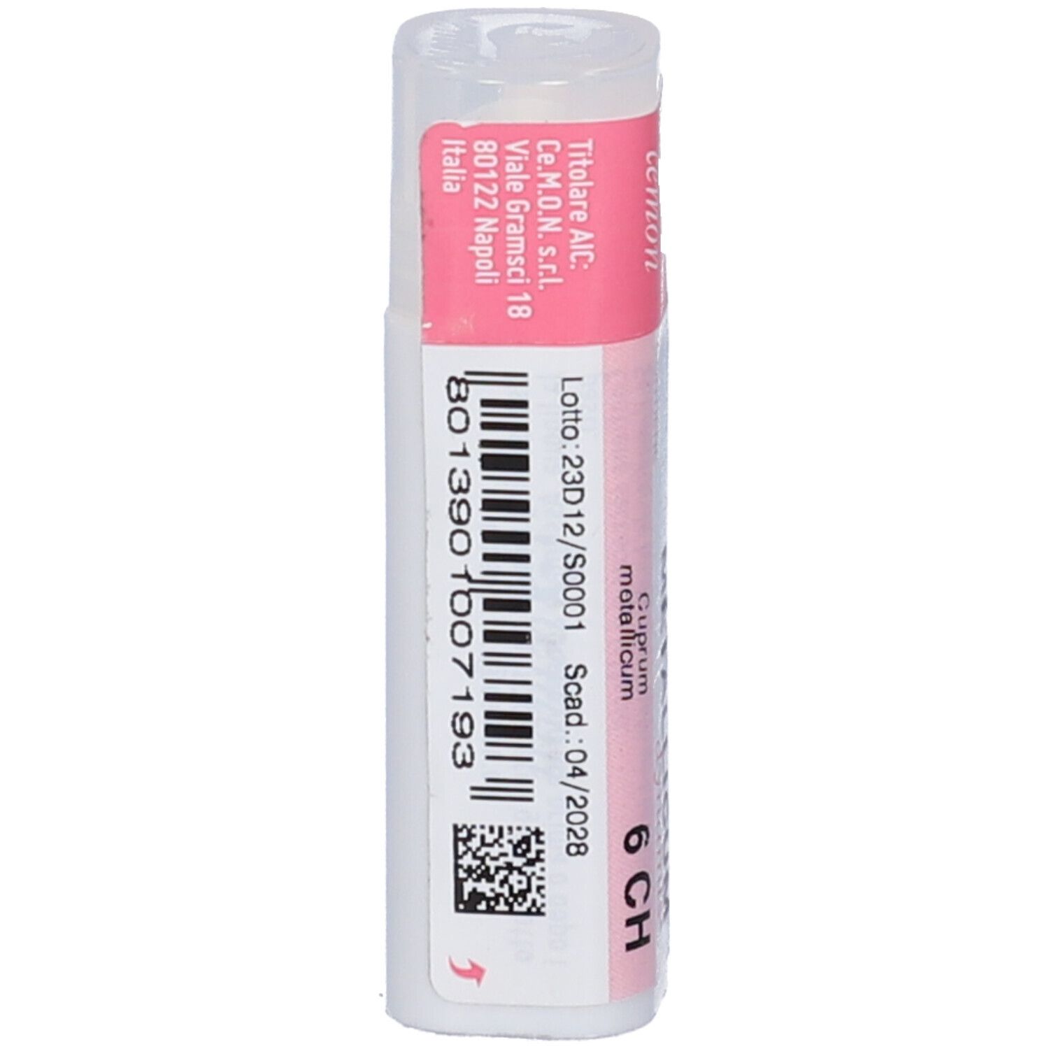 Flacone bianco con etichetta rosa. Scritta: "Cuprum metallicum dynamis 6 CH".