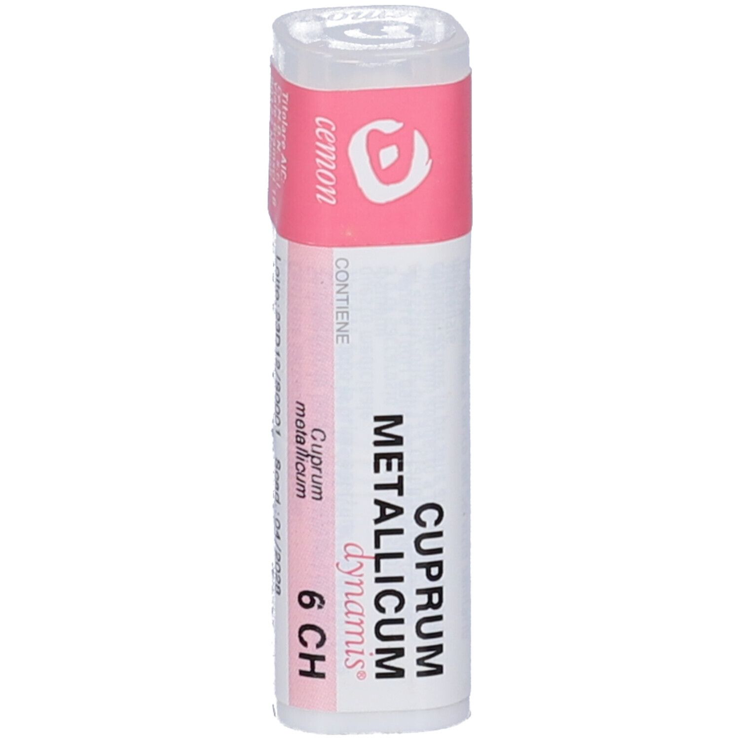 Flacone bianco con etichetta rosa. Scritta: "Cuprum metallicum dynamis 6 CH".