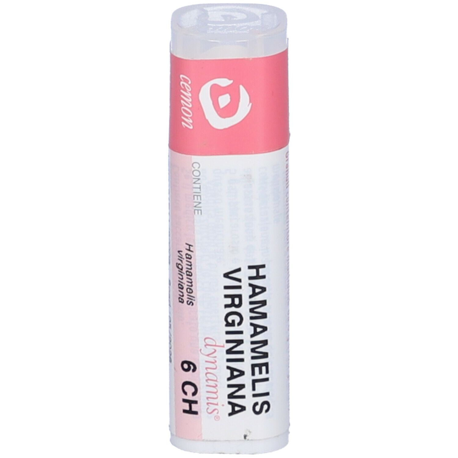 Confezione cilindrica con fascia rosa. Scritte: Hamamelis Virginiana 6 CH, dynamis.