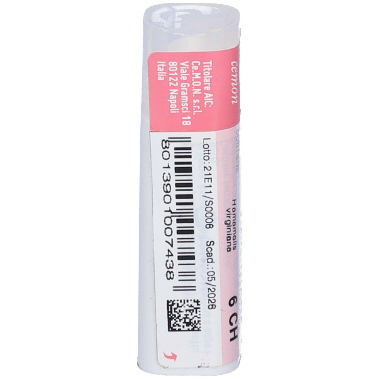 Confezione cilindrica con fascia rosa. Scritte: Hamamelis Virginiana 6 CH, dynamis.