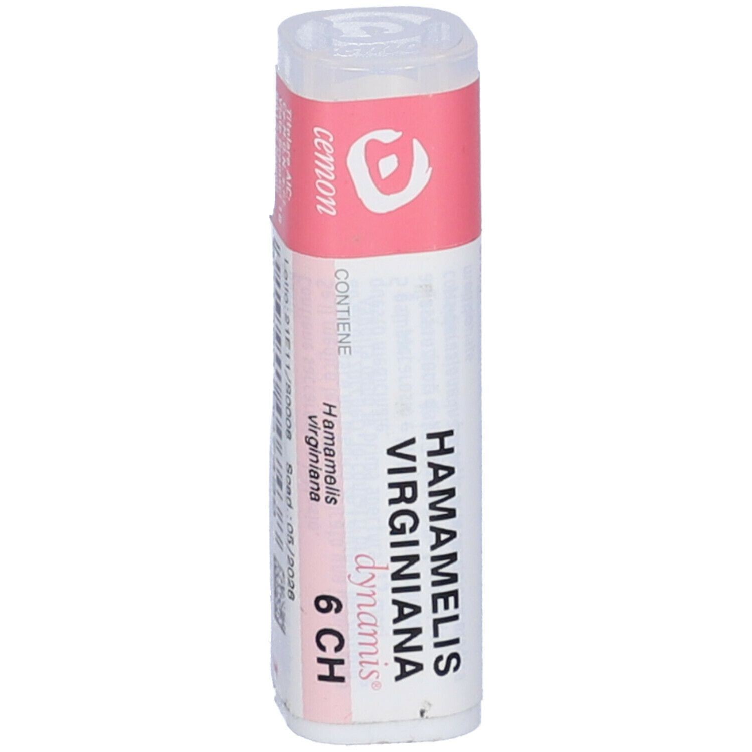 Confezione cilindrica con fascia rosa. Scritte: Hamamelis Virginiana 6 CH, dynamis.