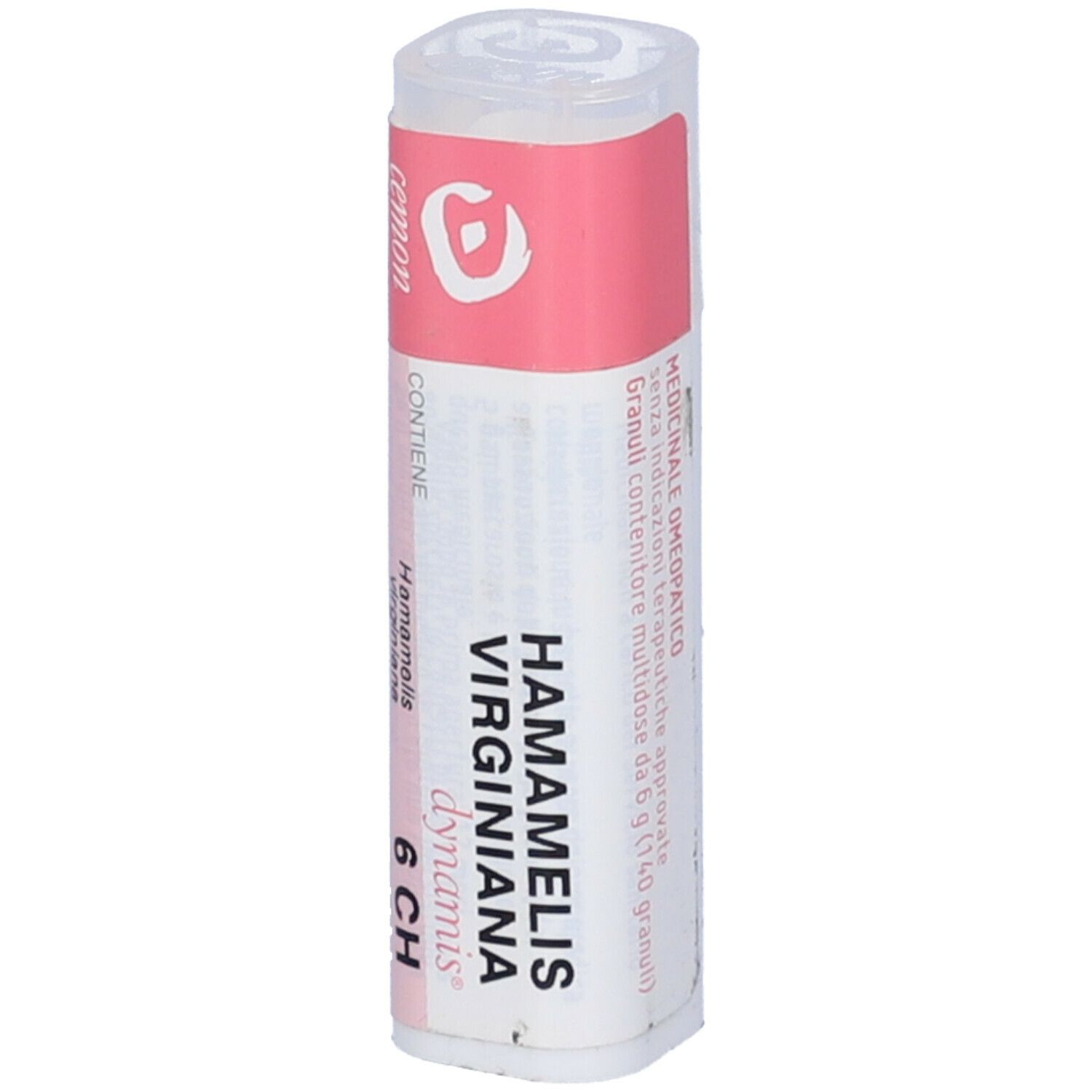 Confezione cilindrica con fascia rosa. Scritte: Hamamelis Virginiana 6 CH, dynamis.