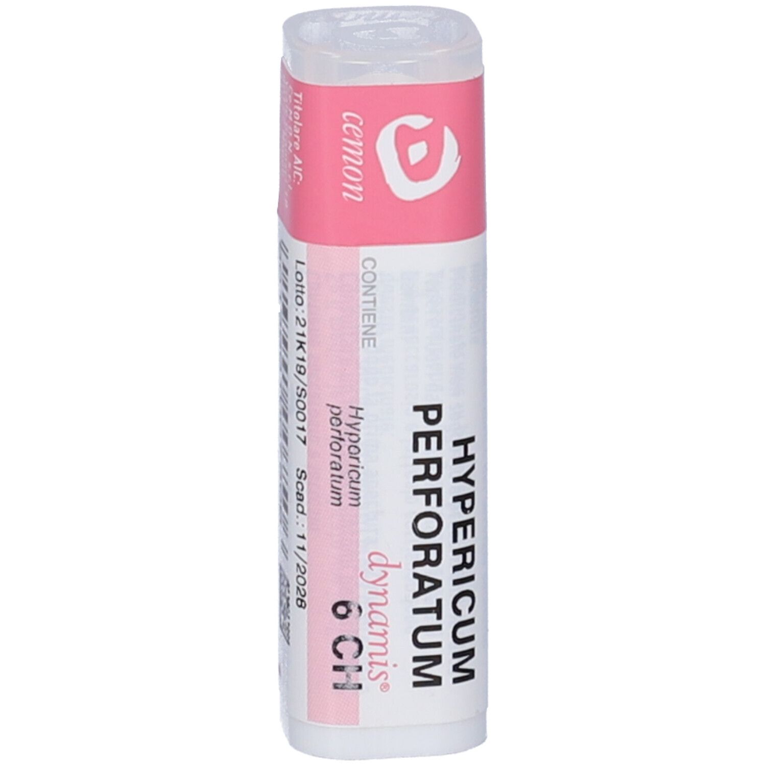 Confezione cilindrica con etichetta rosa e bianca. Scritta: Hypericum perforatum 6 CH. Marchio: cemon.
