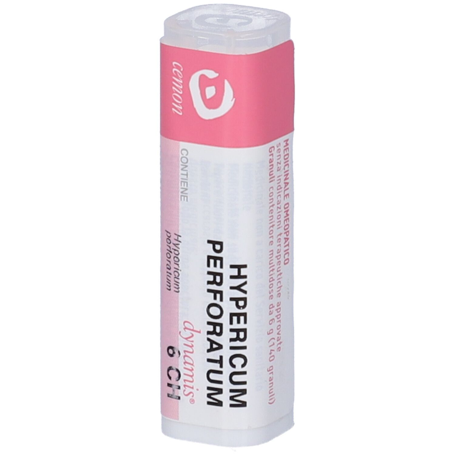 Confezione cilindrica con etichetta rosa e bianca. Scritta: Hypericum perforatum 6 CH. Marchio: cemon.