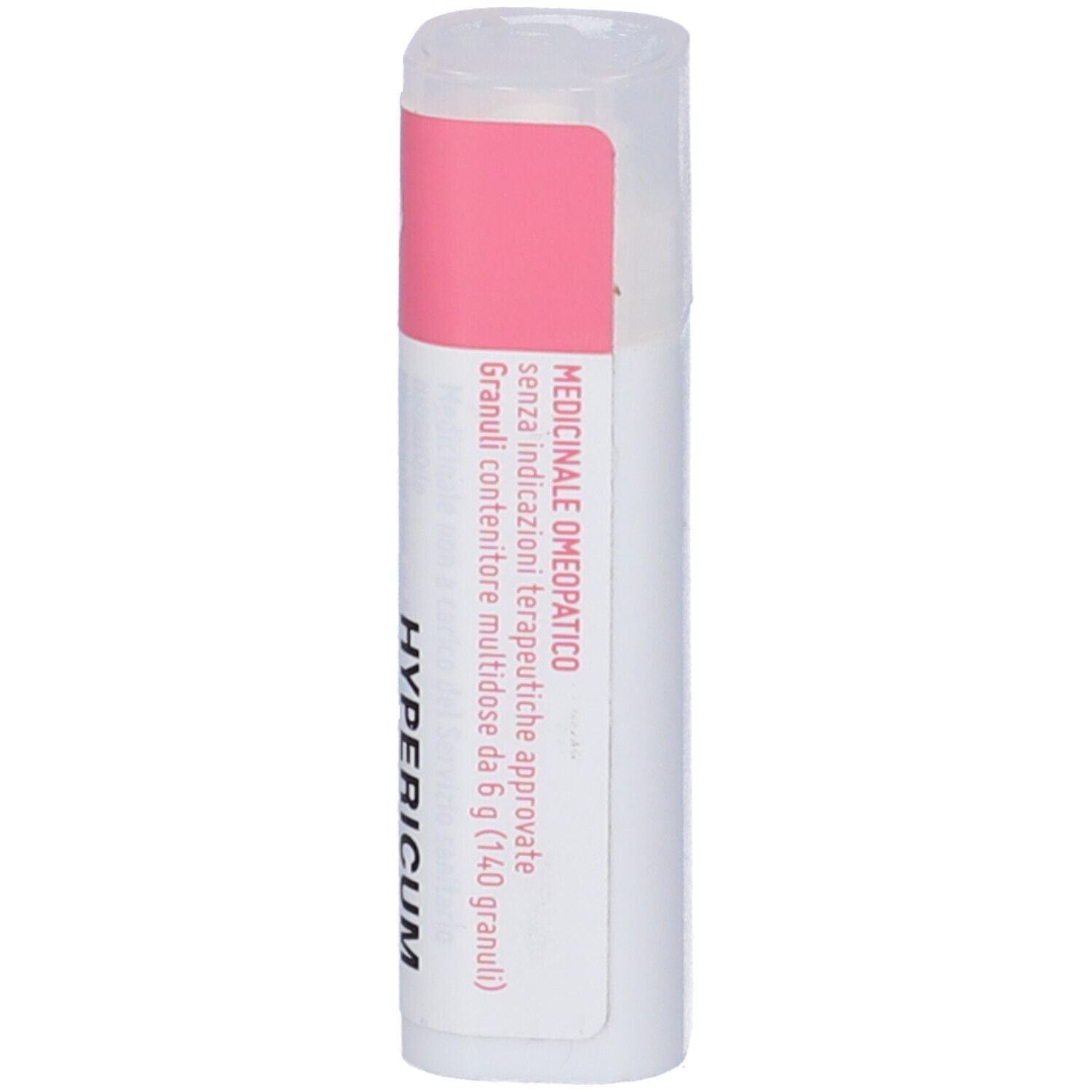 Confezione cilindrica con etichetta rosa e bianca. Scritta: Hypericum. Prodotto medico.