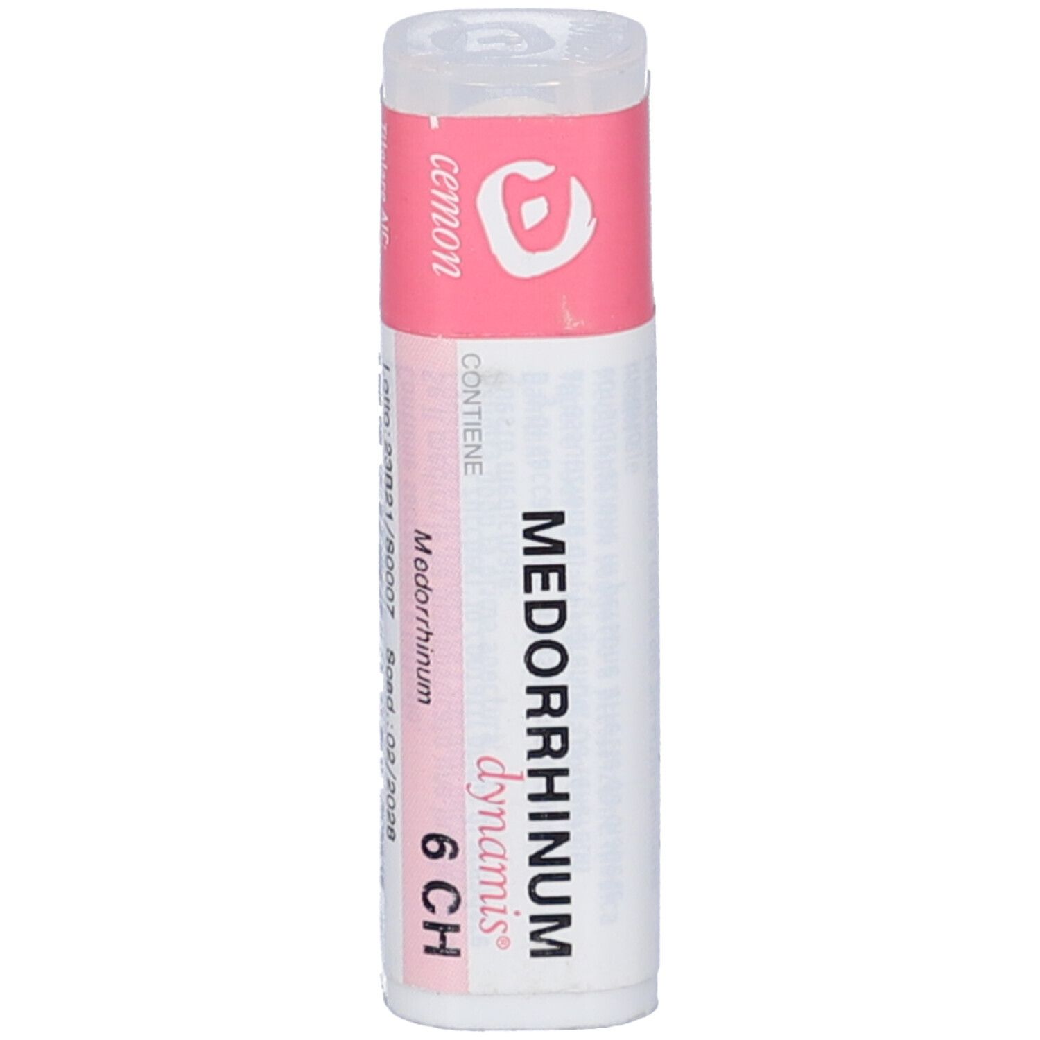 Confezione cilindrica con etichetta rosa. Scritta: Medorrhinum dynamis 6 CH, Cemon. Contiene granuli.