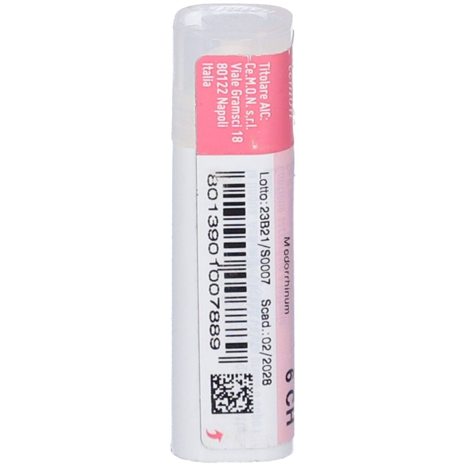Confezione cilindrica con etichetta rosa. Stampa: Lotto, Scad., codice a barre. Indirizzo del produttore.