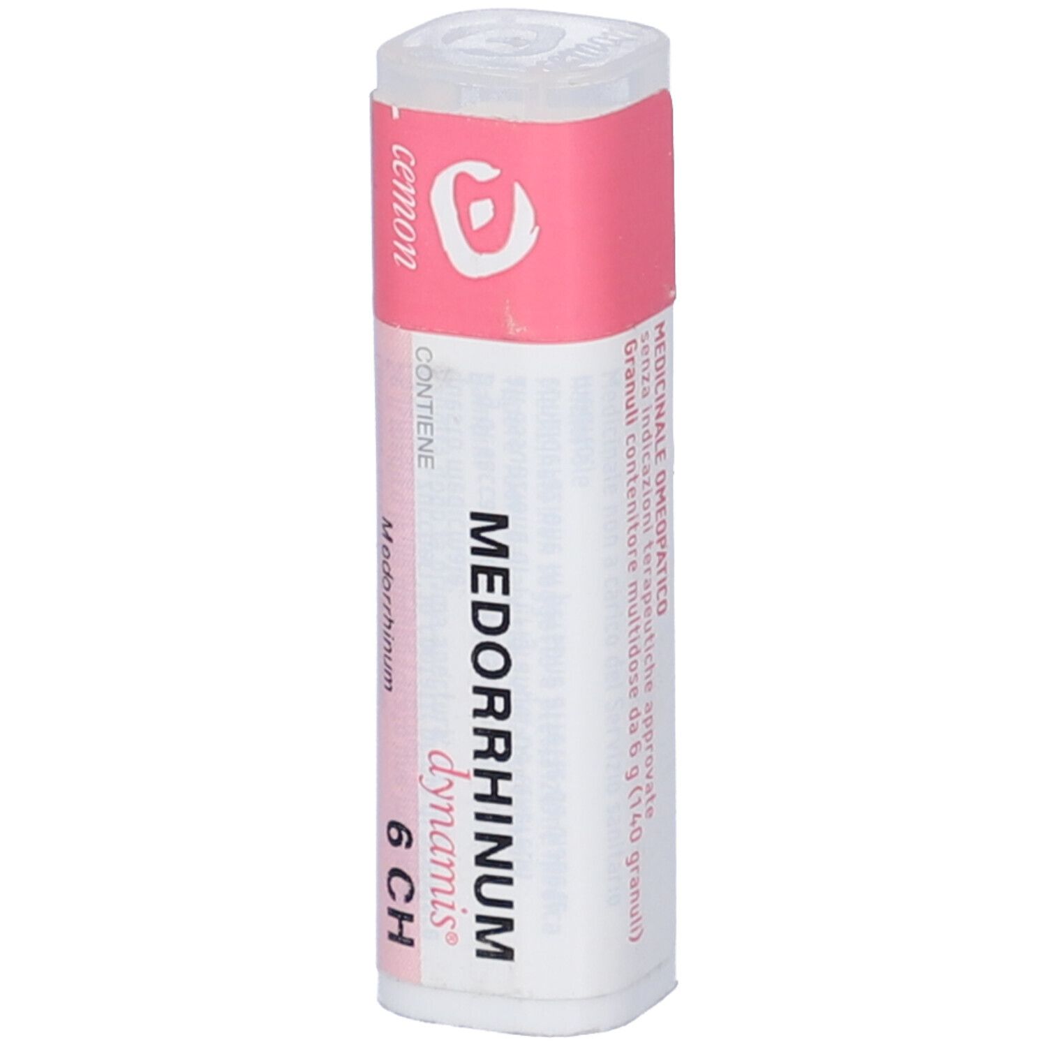 Confezione cilindrica con etichetta rosa. Scritta: Medorrhinum dynamis 6 CH, Cemon. Contiene granuli.