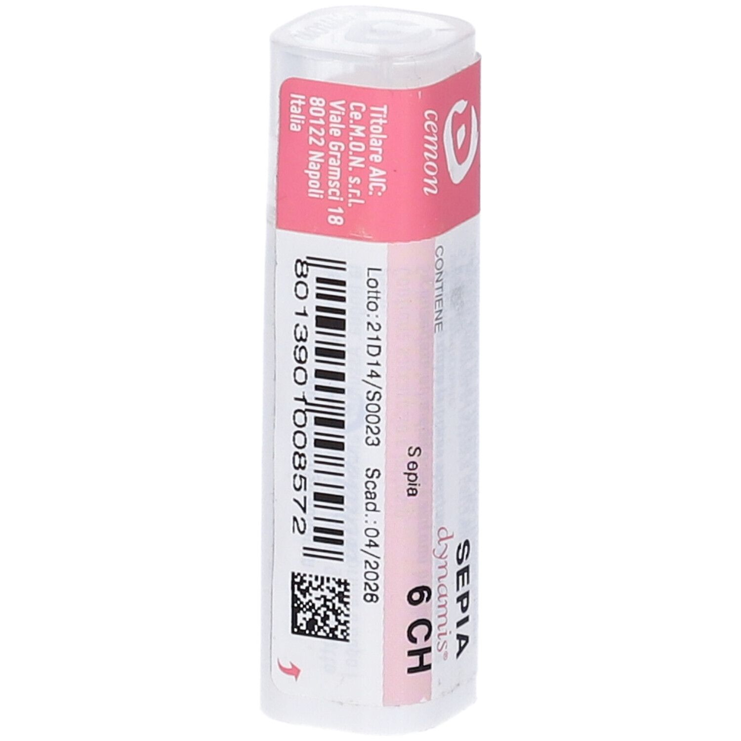 Flacone cilindrico con etichetta rosa. Scritte: Sepia 6 CH, dynamis, lotto, scadenza.