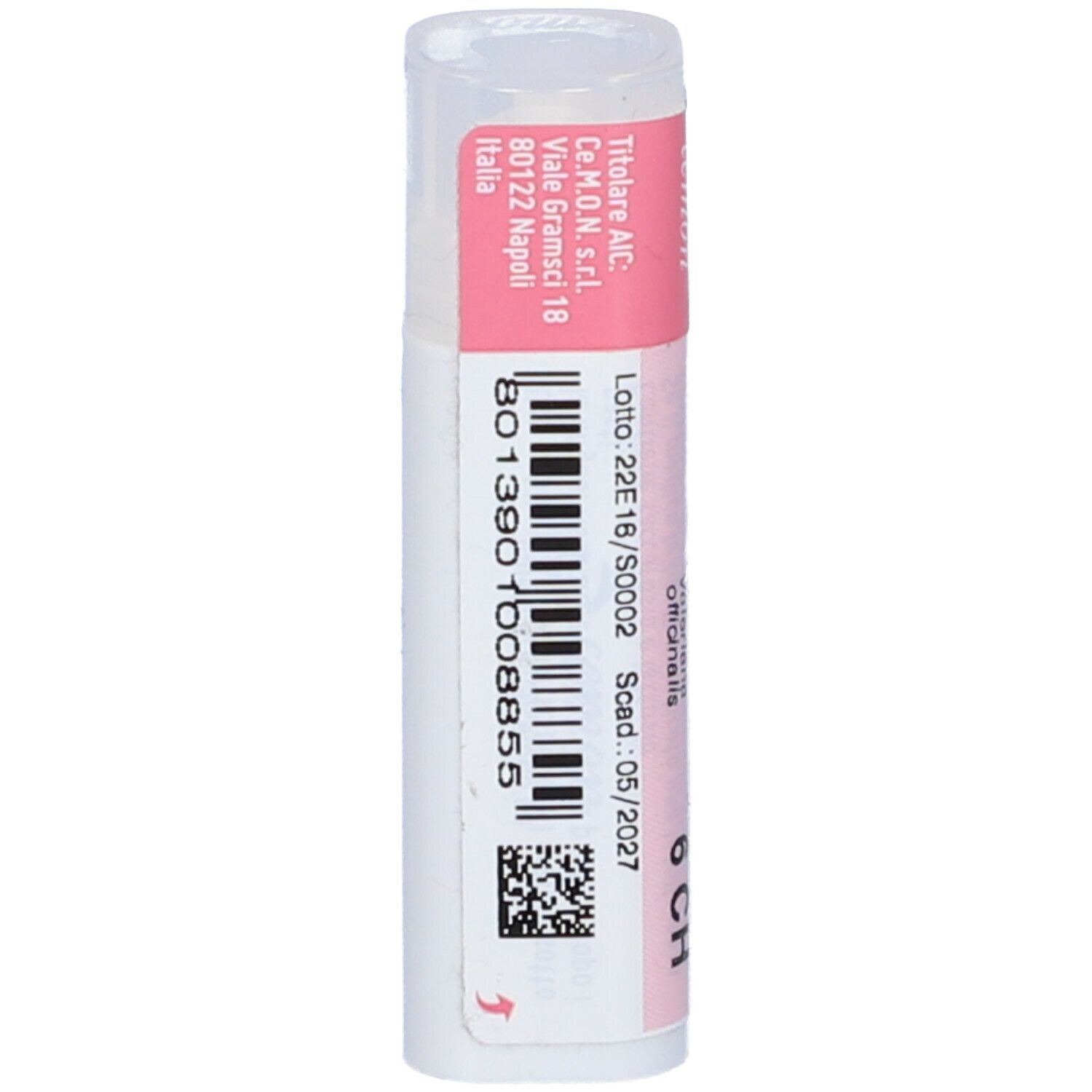 Confezione cilindrica con etichetta rosa. Etichetta con nome del prodotto, dosaggio e logo. Coperchio trasparente.