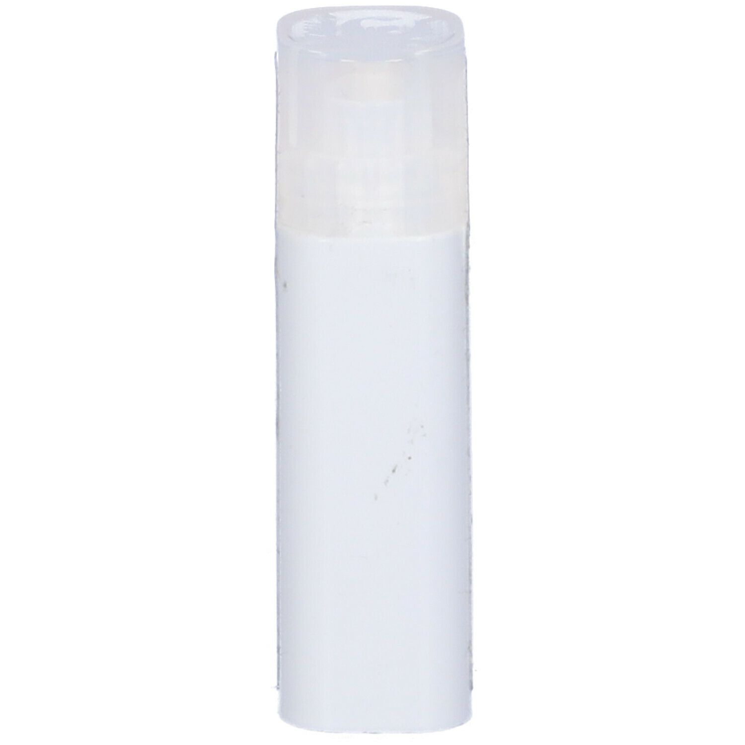 Confezione cilindrica bianca con coperchio trasparente. Nessuna informazione visibile sul prodotto.