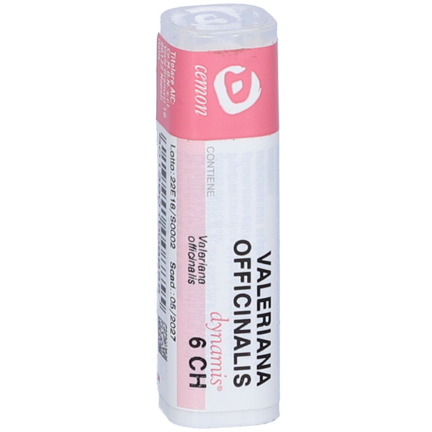 Confezione cilindrica con etichetta rosa. Etichetta con nome del prodotto, dosaggio e logo. Coperchio trasparente.