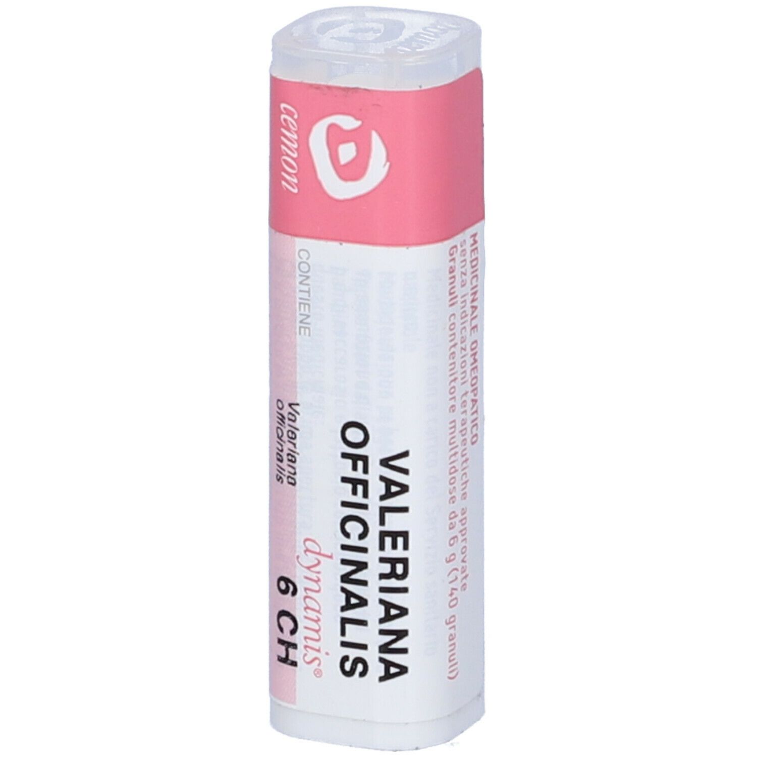 Confezione cilindrica con etichetta rosa. Etichetta con nome del prodotto, dosaggio e logo. Coperchio trasparente.