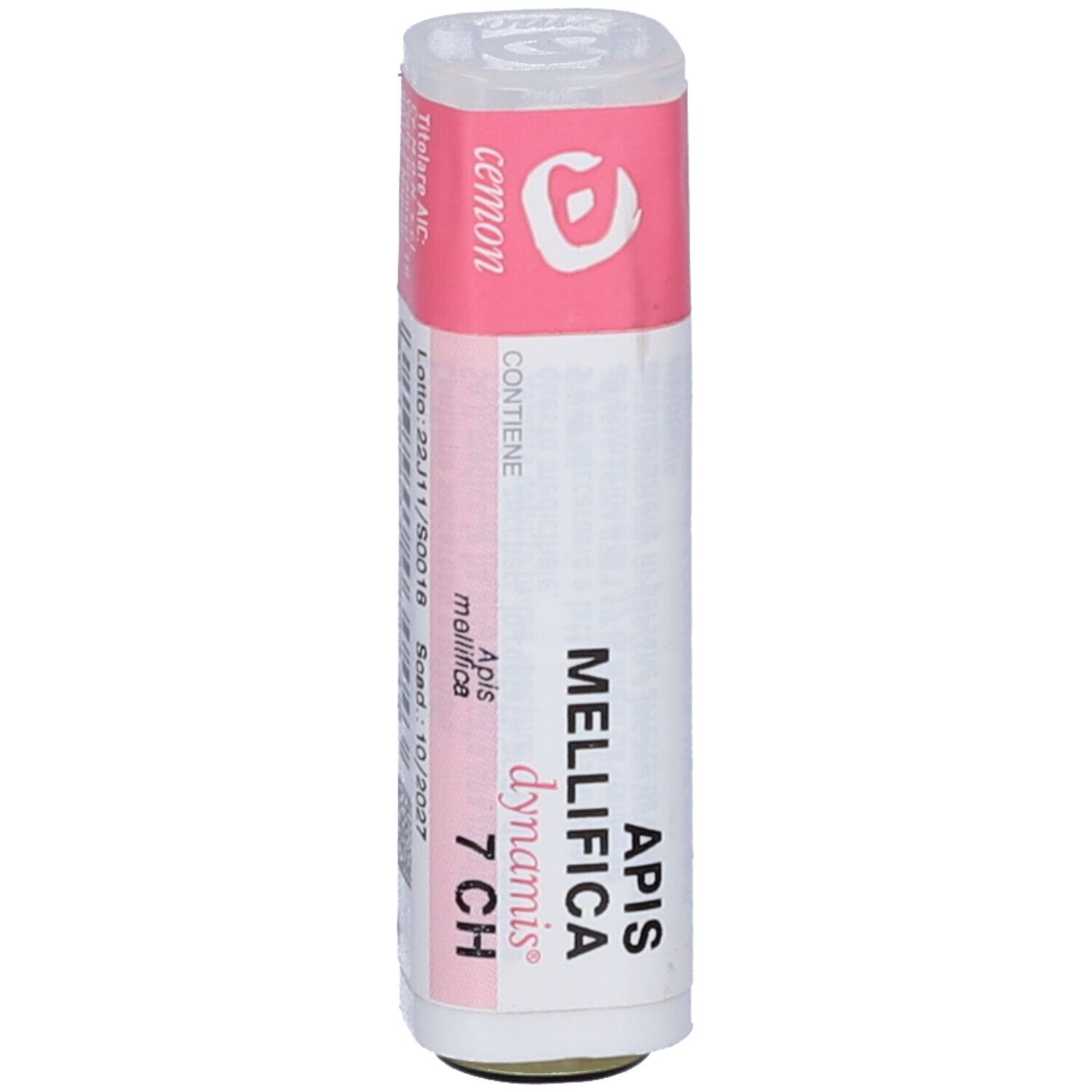 Flacone cilindrico con etichetta rosa. Scritta: Apis Mellifica 7 CH, dynamis.