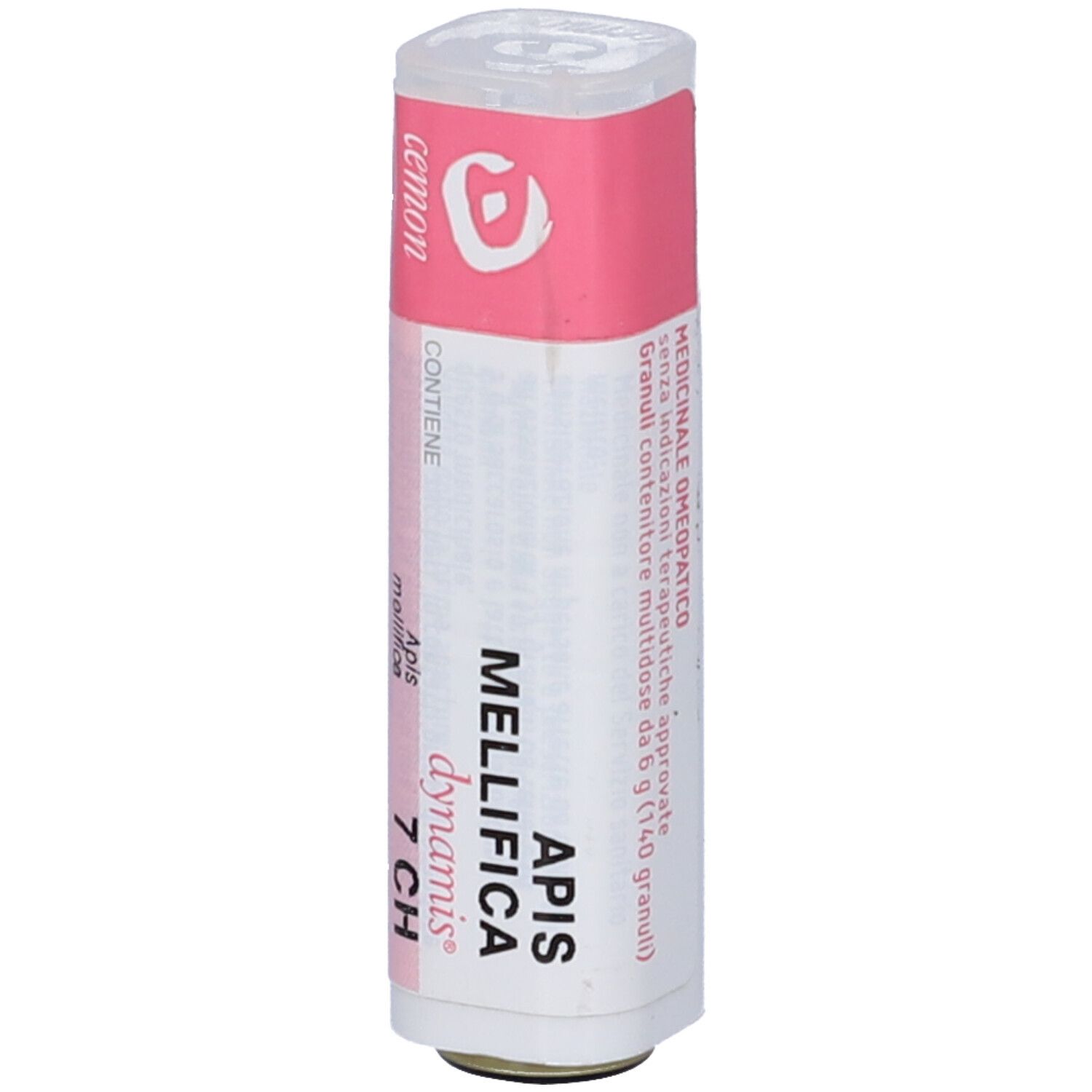 Flacone cilindrico con etichetta rosa. Scritta: Apis Mellifica 7 CH, dynamis, farmaco.
