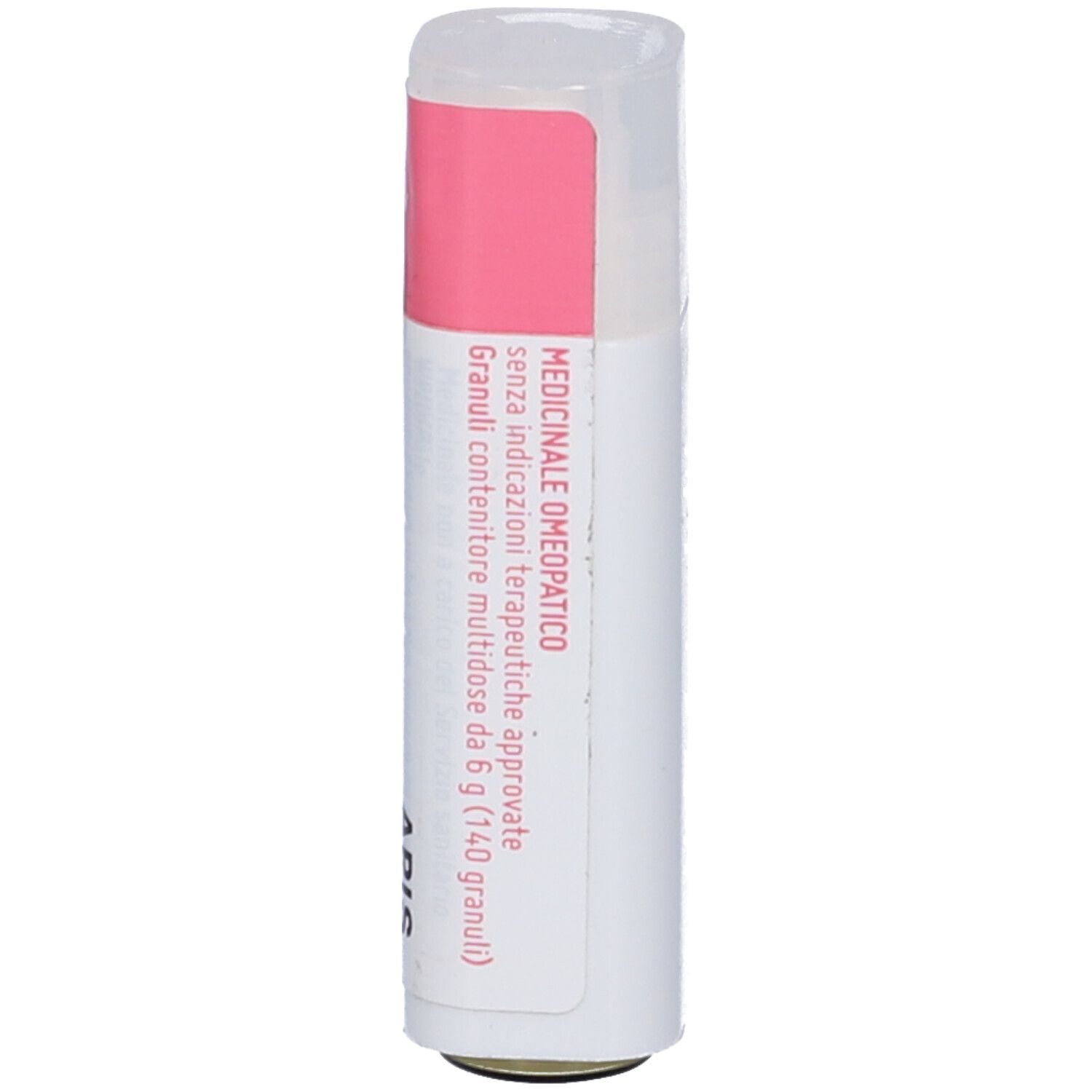 Flacone cilindrico con etichetta rosa. Scritta: farmaco, Apis Mellifica 7 CH.