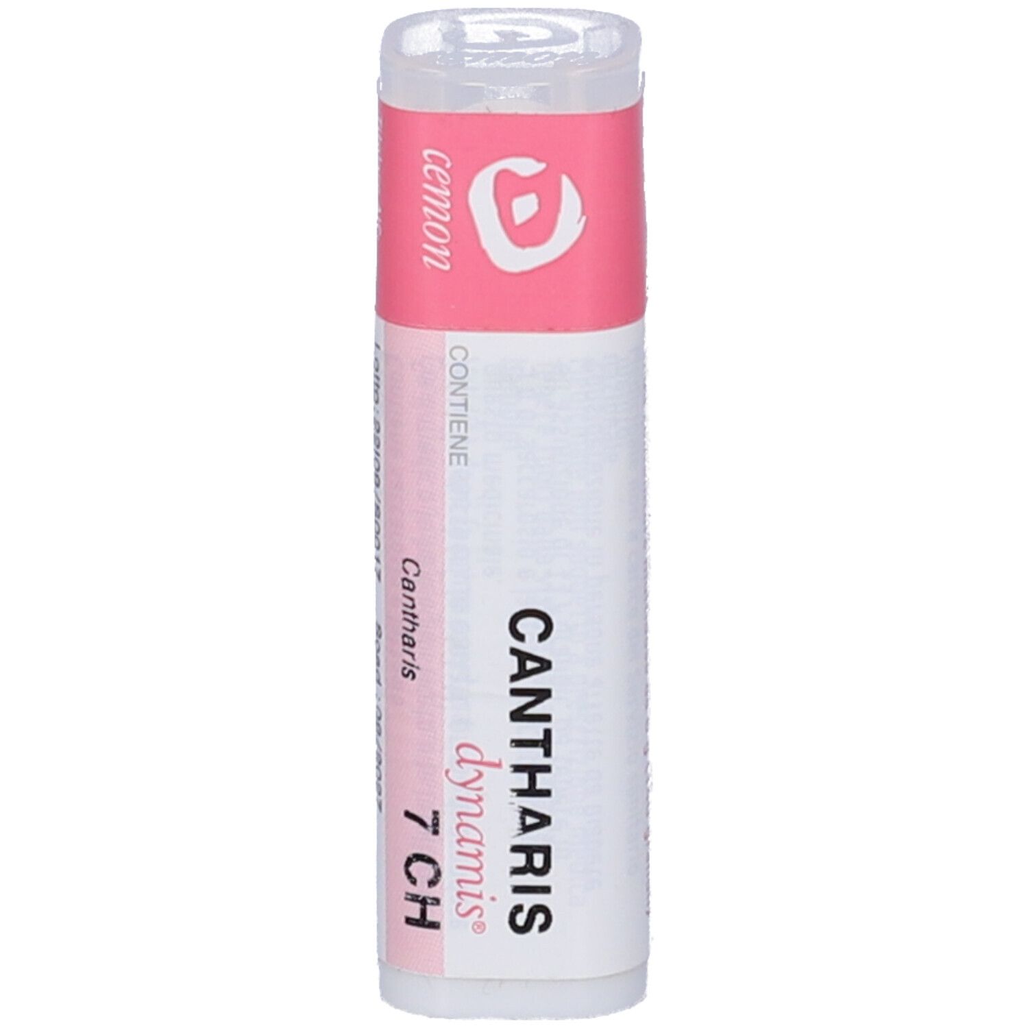 Confezione cilindrica con etichetta rosa e bianca. Scritta: CANTHARIS dynamis 7 CH.