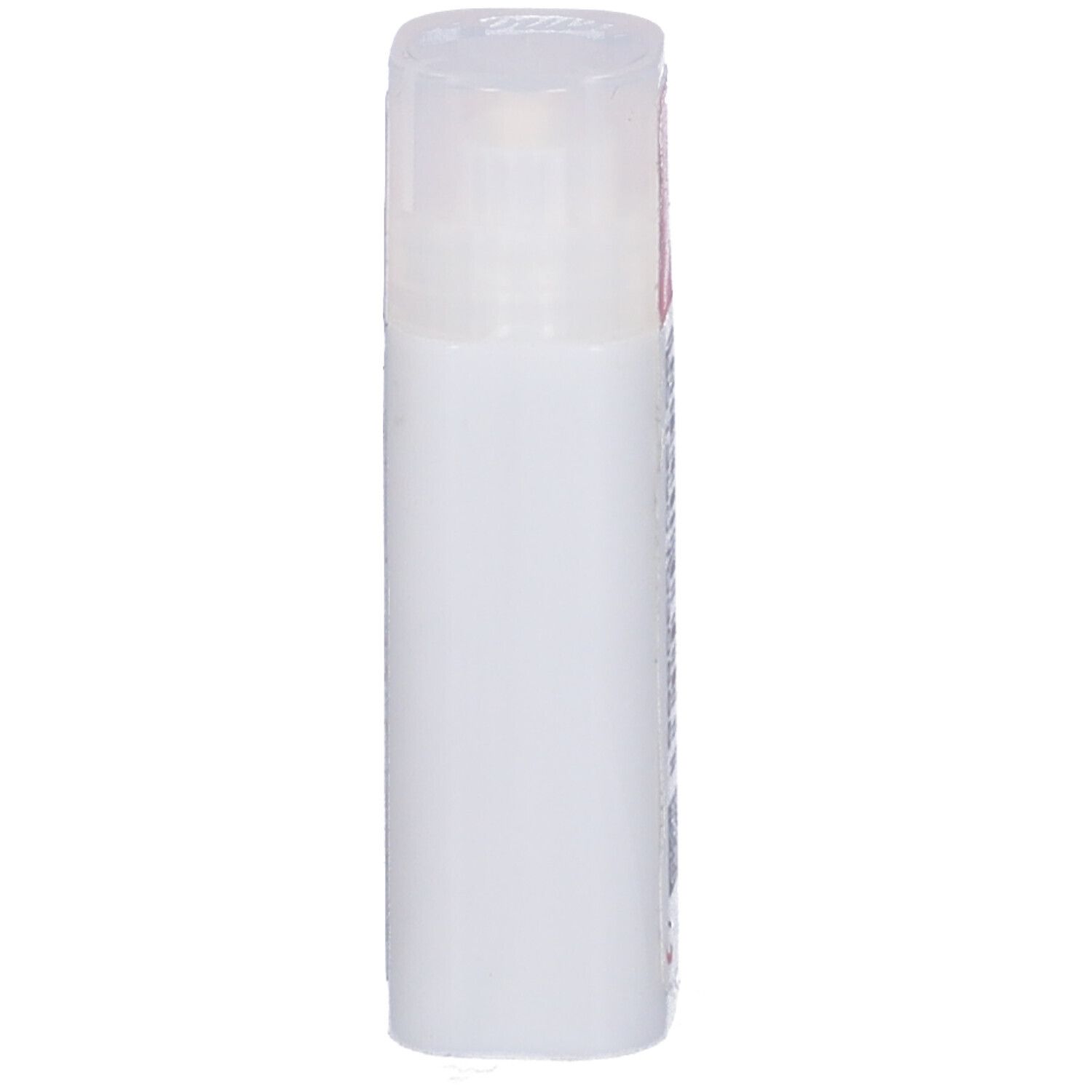 Confezione cilindrica trasparente con coperchio bianco. Nessuna scritta visibile.