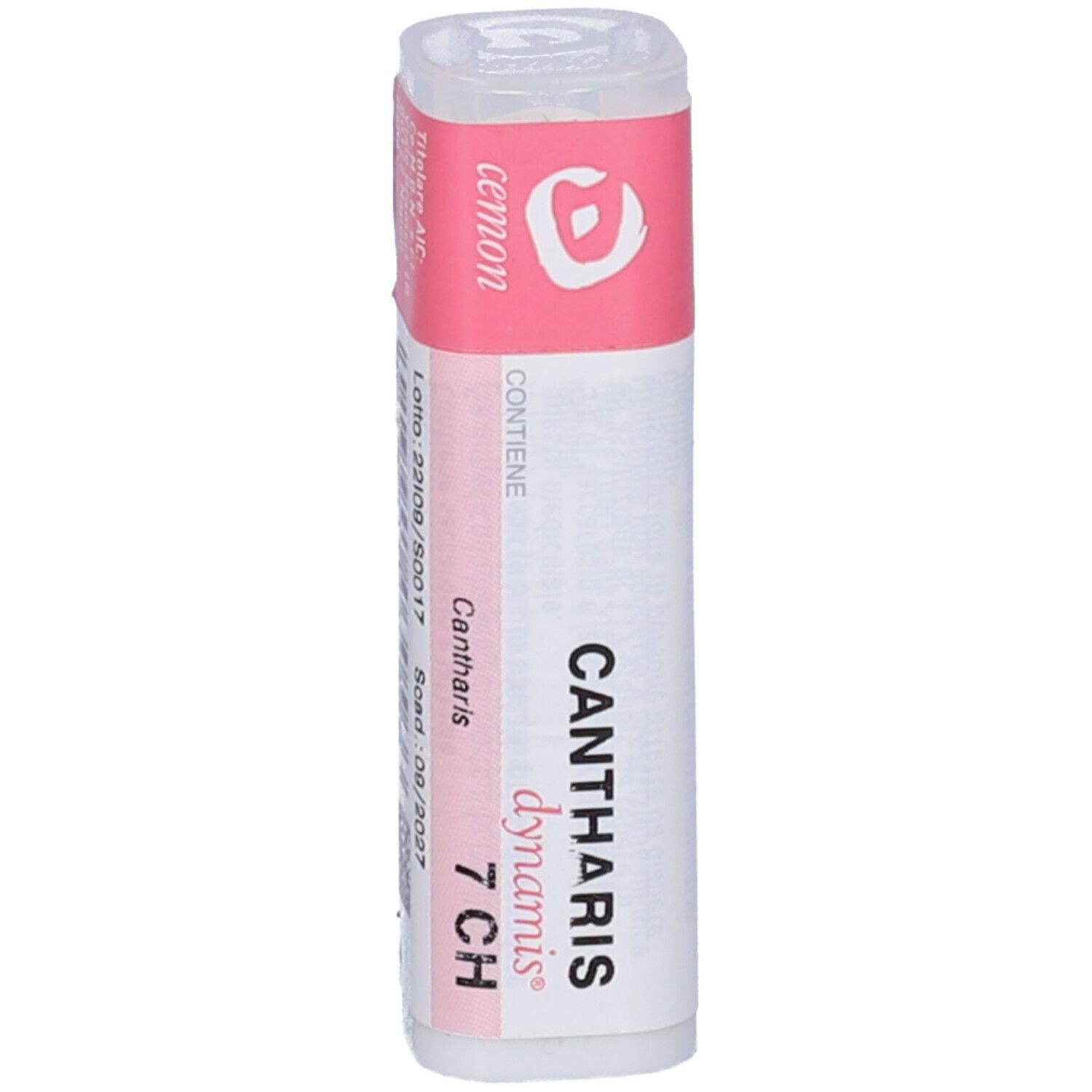 Confezione cilindrica con etichetta rosa e bianca. Scritta: CANTHARIS dynamis 7 CH.