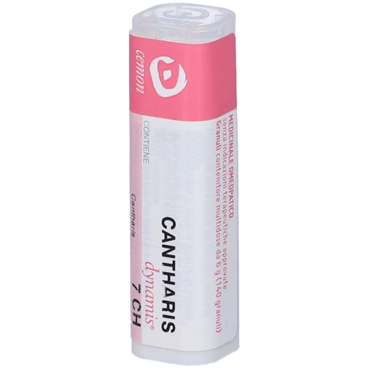 Confezione cilindrica con etichetta rosa e bianca. Scritta: CANTHARIS dynamis 7 CH. Medicinale.