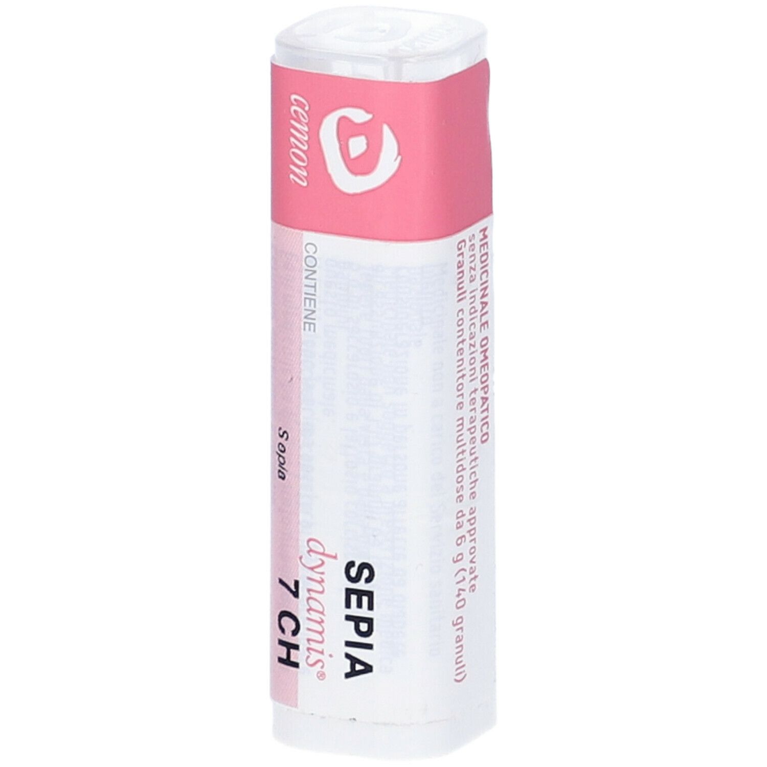 Confezione cilindrica con etichetta rosa. Scritta: SEPIA 7 CH, cemon, dynamis.