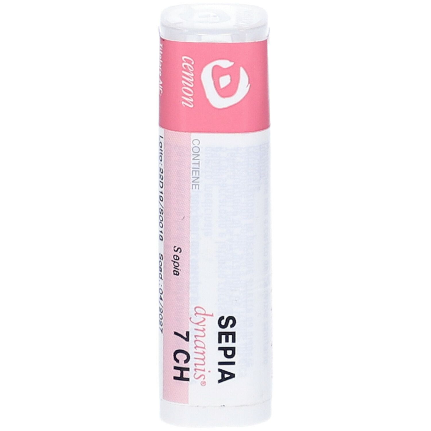 Confezione cilindrica con etichetta rosa. Scritta: SEPIA 7 CH, cemon, dynamis.