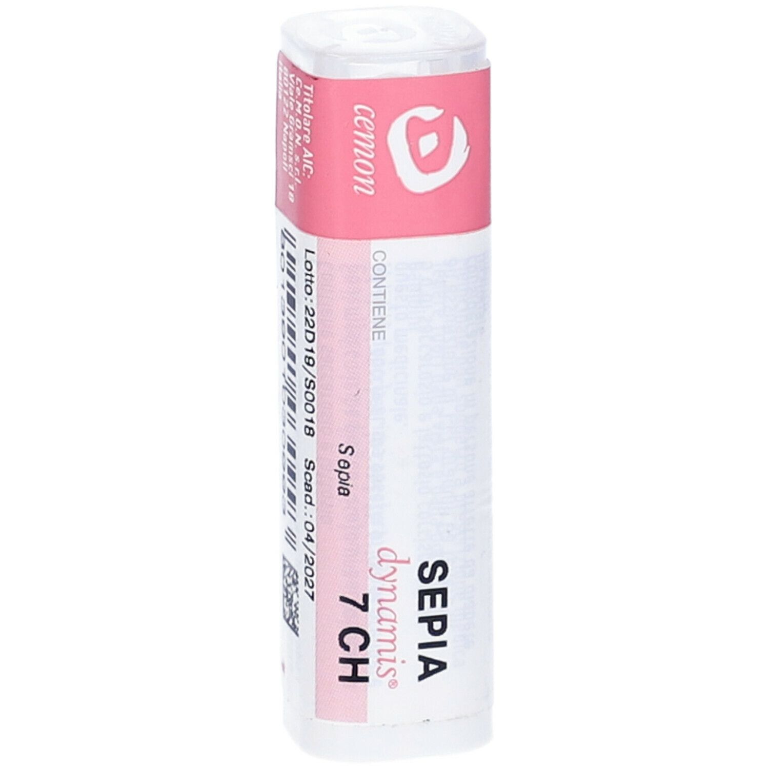 Confezione cilindrica con etichetta rosa. Scritta: SEPIA 7 CH, cemon, dynamis, codice a barre.