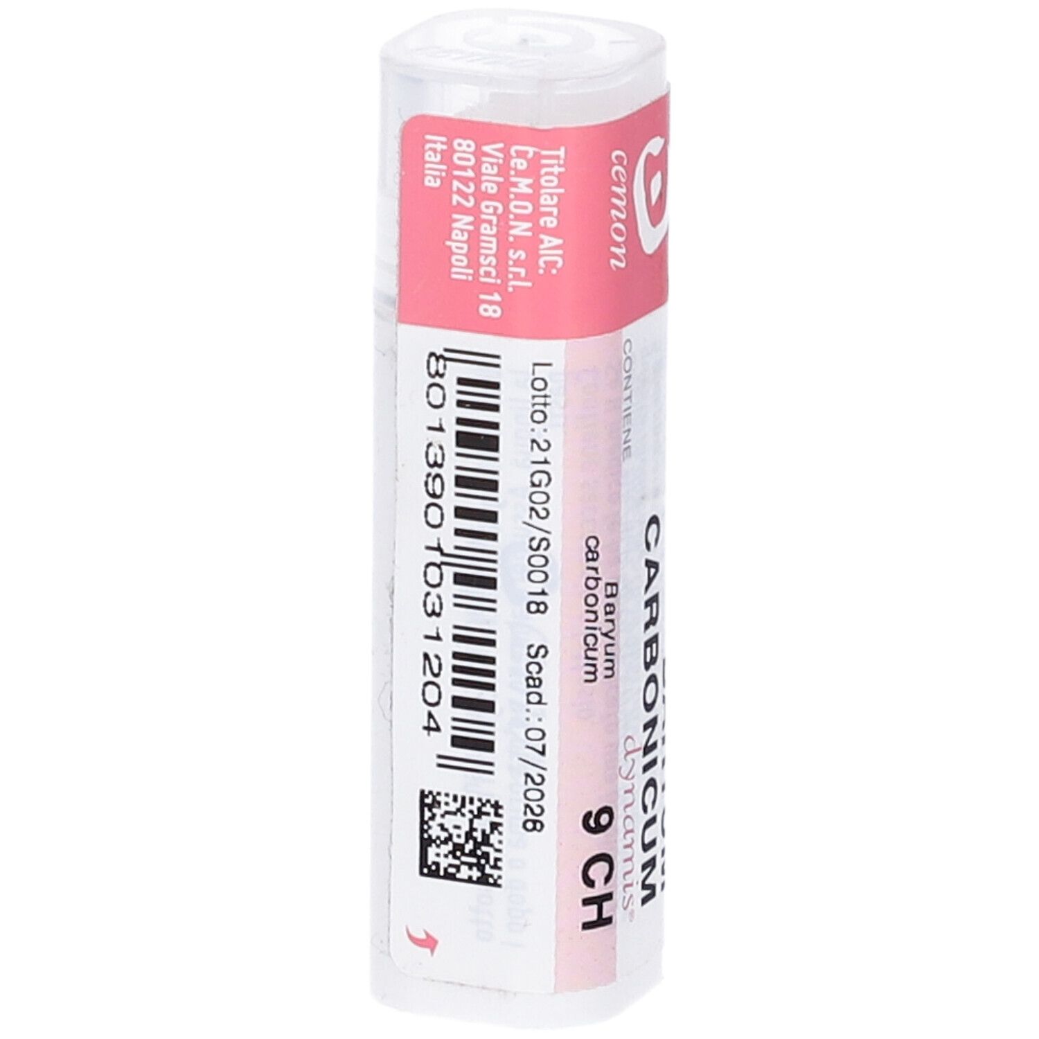 Confezione cilindrica. Scritta: Barium Carbonicum 9 CH, cemon, dynamis, codice a barre.
