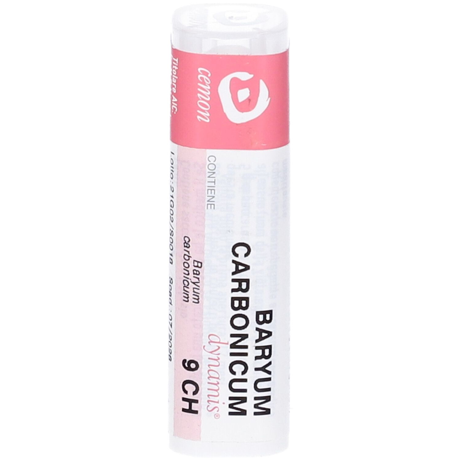 Confezione cilindrica. Scritta: Barium Carbonicum 9 CH, cemon, dynamis.