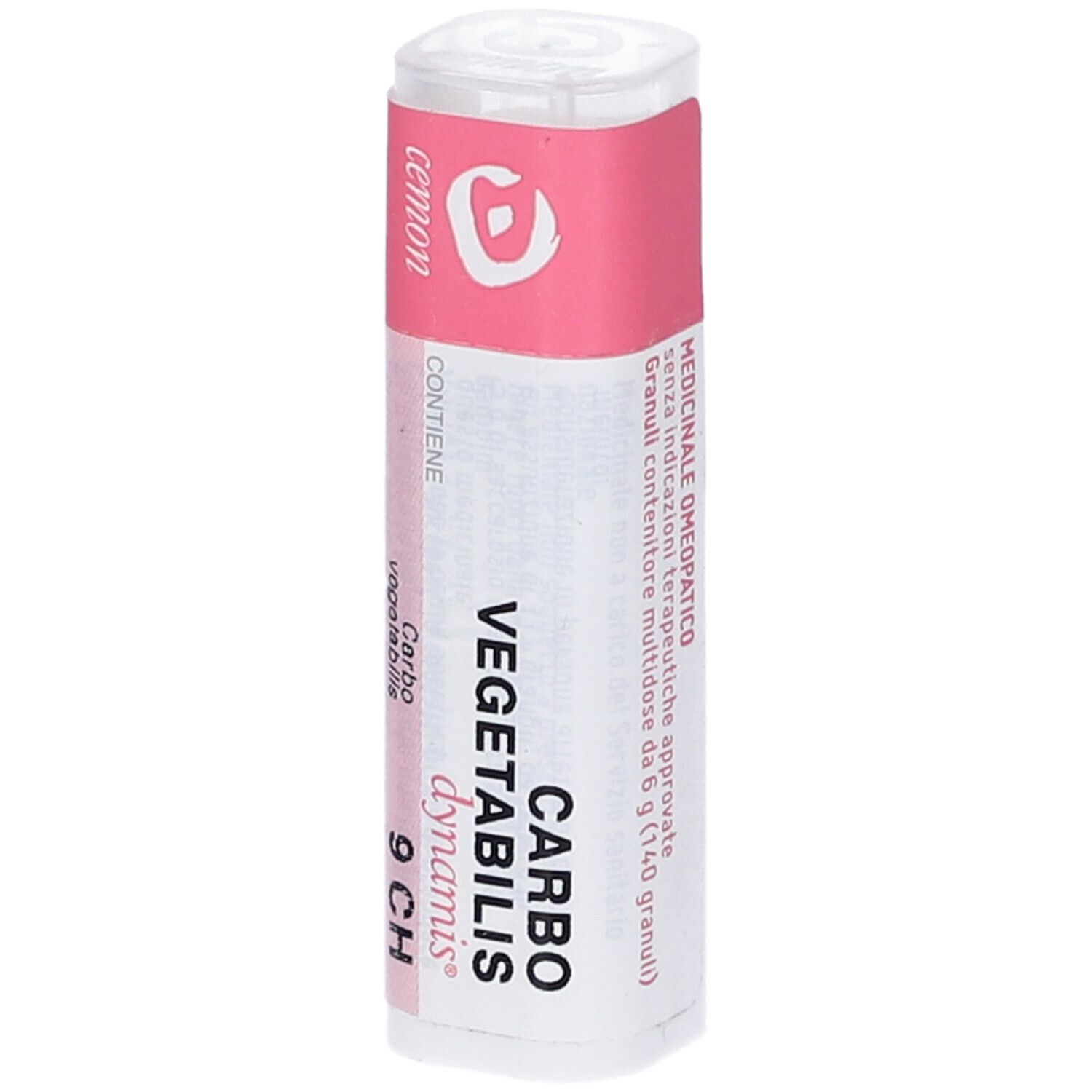Confezione cilindrica con etichetta rosa e bianca. Scritta: Carbo vegetabilis 9 CH.