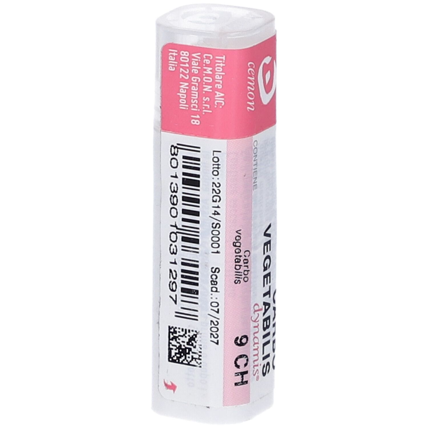 Confezione cilindrica con etichetta rosa e bianca. Scritta: Carbo vegetabilis 9 CH, numero di lotto e scadenza.