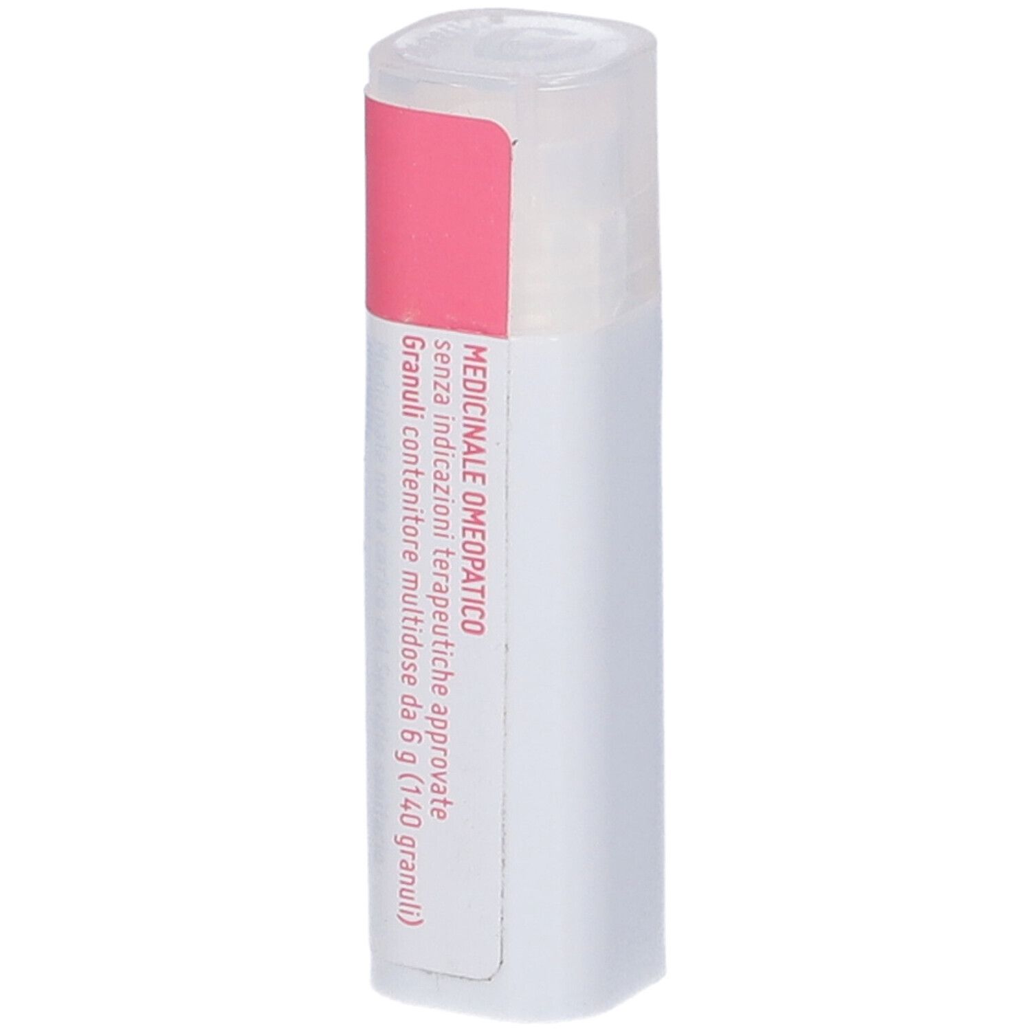 Confezione cilindrica con etichetta rosa e bianca. Scritta: Medicinale omeopatico.