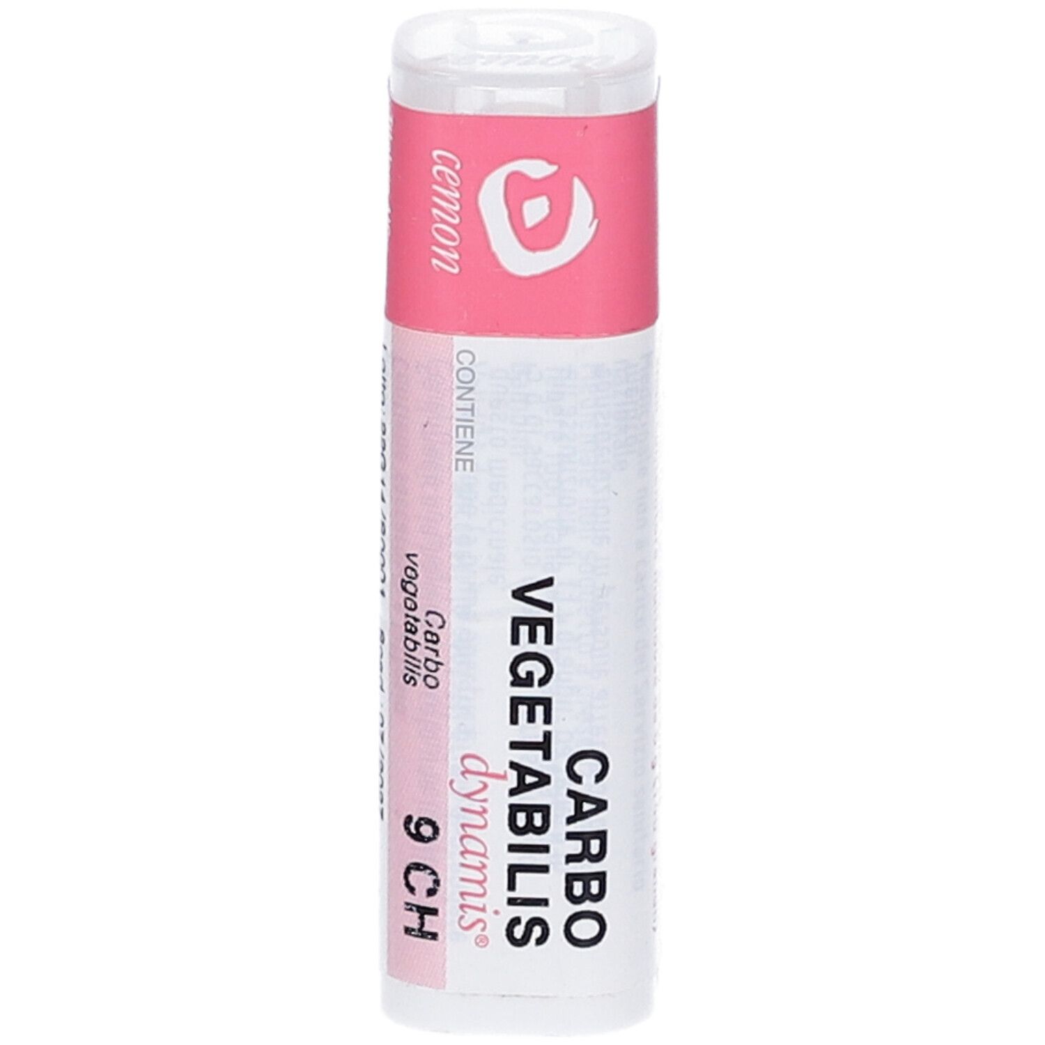 Confezione cilindrica con etichetta rosa e bianca. Scritta: Carbo vegetabilis 9 CH.