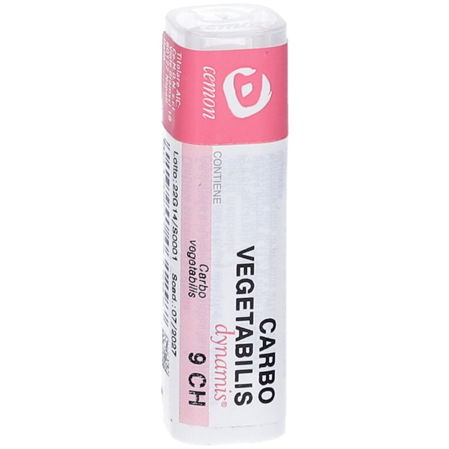 Confezione cilindrica con etichetta rosa e bianca. Scritta: Carbo vegetabilis 9 CH, numero di lotto e scadenza.