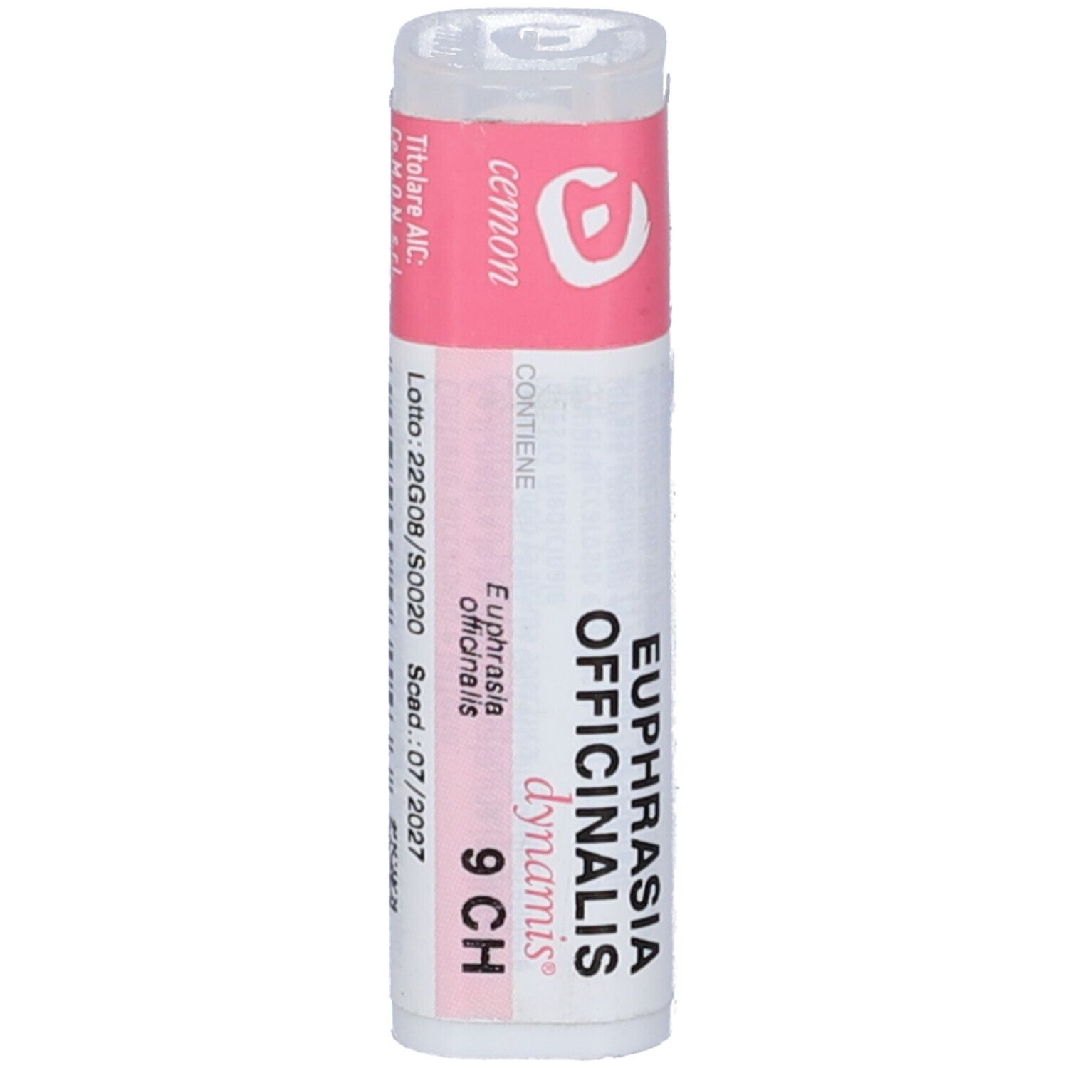 Confezione cilindrica con etichetta rosa. Scritte: Euphrasia Officinalis 9 CH, cemon, dynamis.