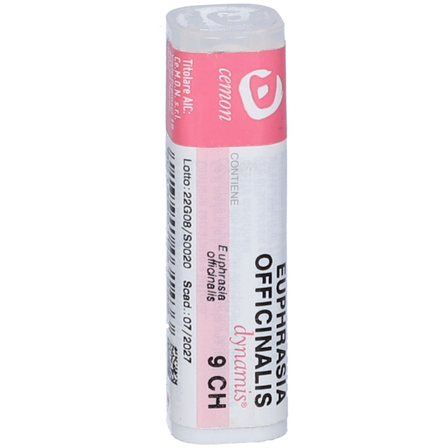 Confezione cilindrica con etichetta rosa. Scritte: Euphrasia Officinalis 9 CH, cemon, dynamis.