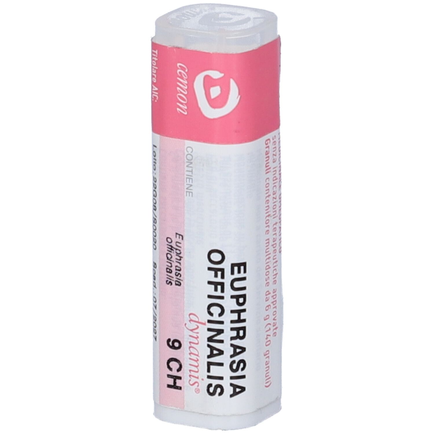 Confezione cilindrica con etichetta rosa. Scritte: Euphrasia Officinalis 9 CH, cemon, dynamis.