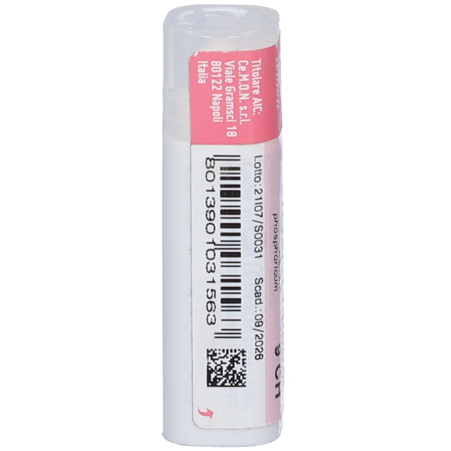 Confezione cilindrica con etichetta rosa e bianca. Stampa: Kalium Phosphoricum 9 CH, cemon. Dettagli e codice a barre.