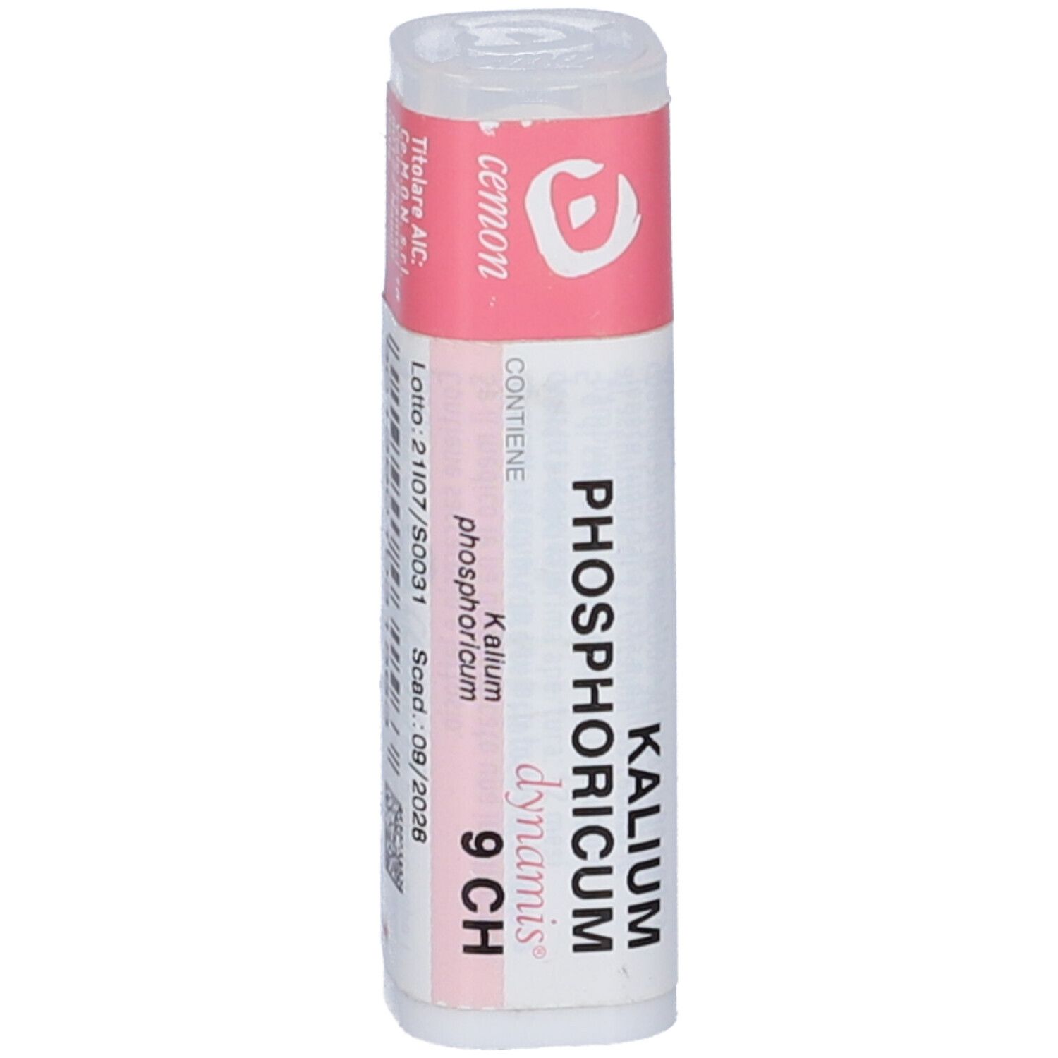 Confezione cilindrica con etichetta rosa e bianca. Scritta: Kalium Phosphoricum 9 CH, cemon.