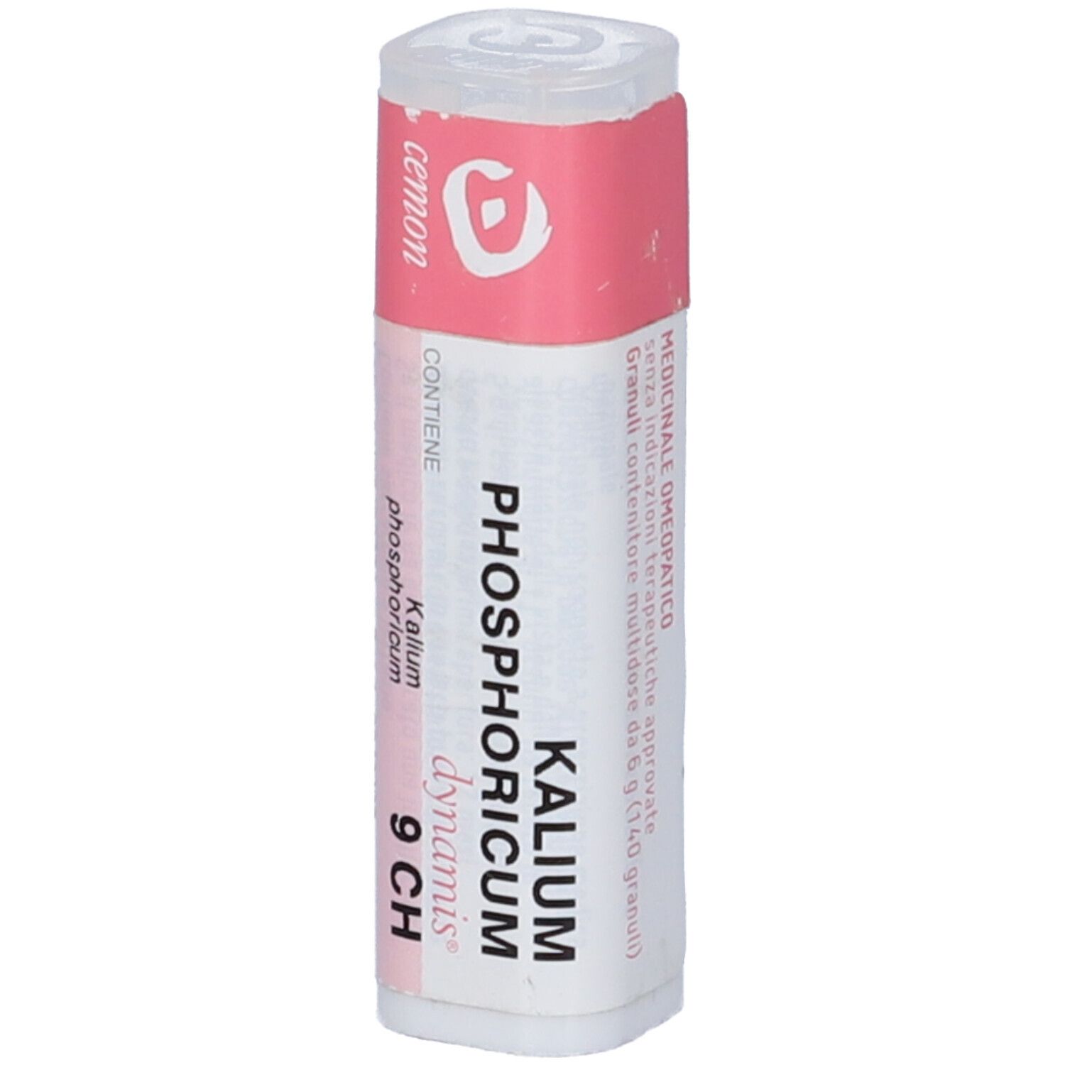Confezione cilindrica con etichetta rosa e bianca. Scritta: Kalium Phosphoricum 9 CH, cemon.
